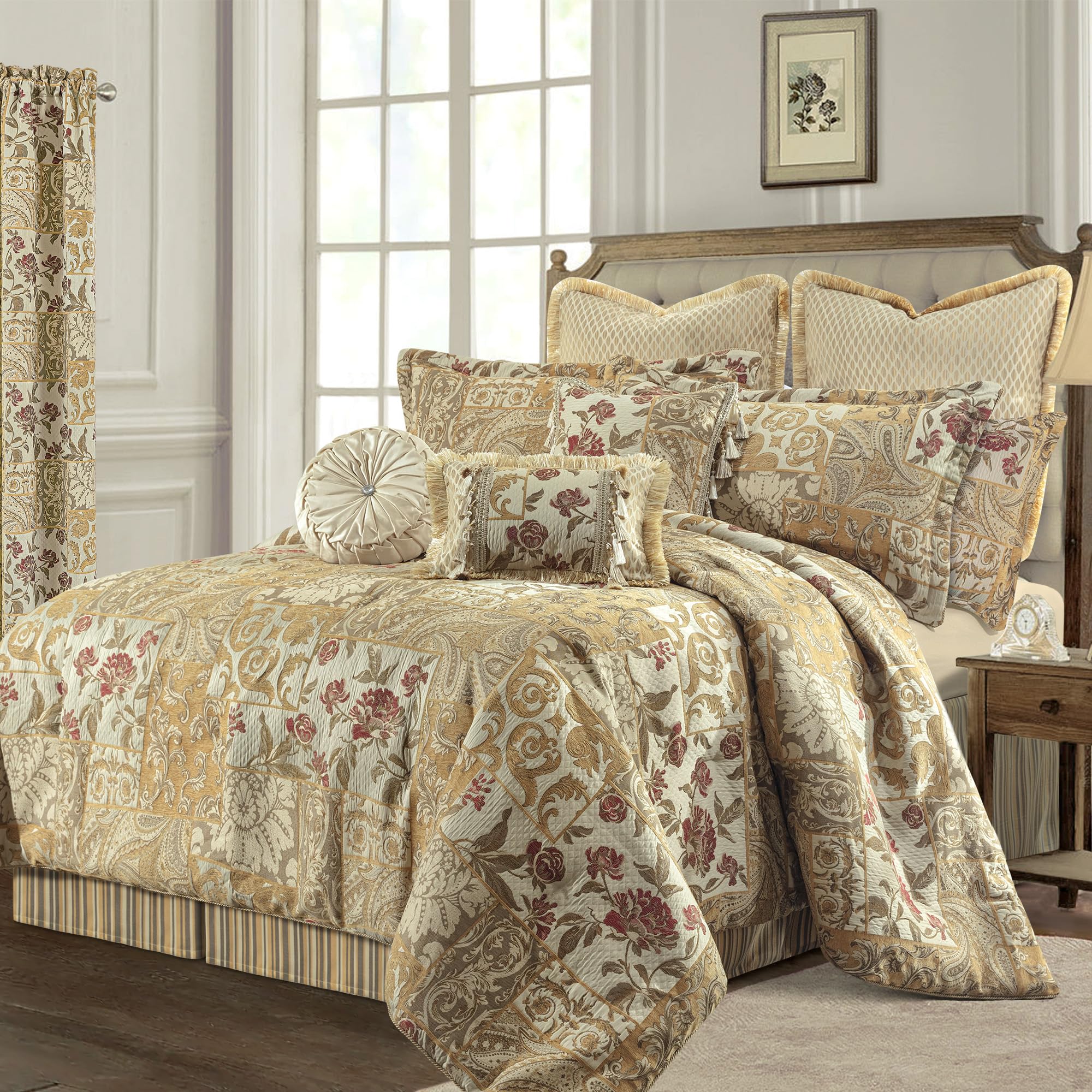 Jacquard Comforter Set, 9-Piece Patchwork Comforter King, Bedding Sets with Bed Skirt