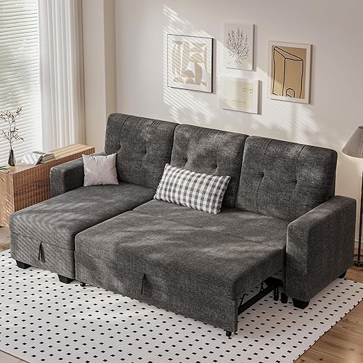 Sleeper Sofa Bed, Couch with Pullout Bed and Reversible Storage Chaise