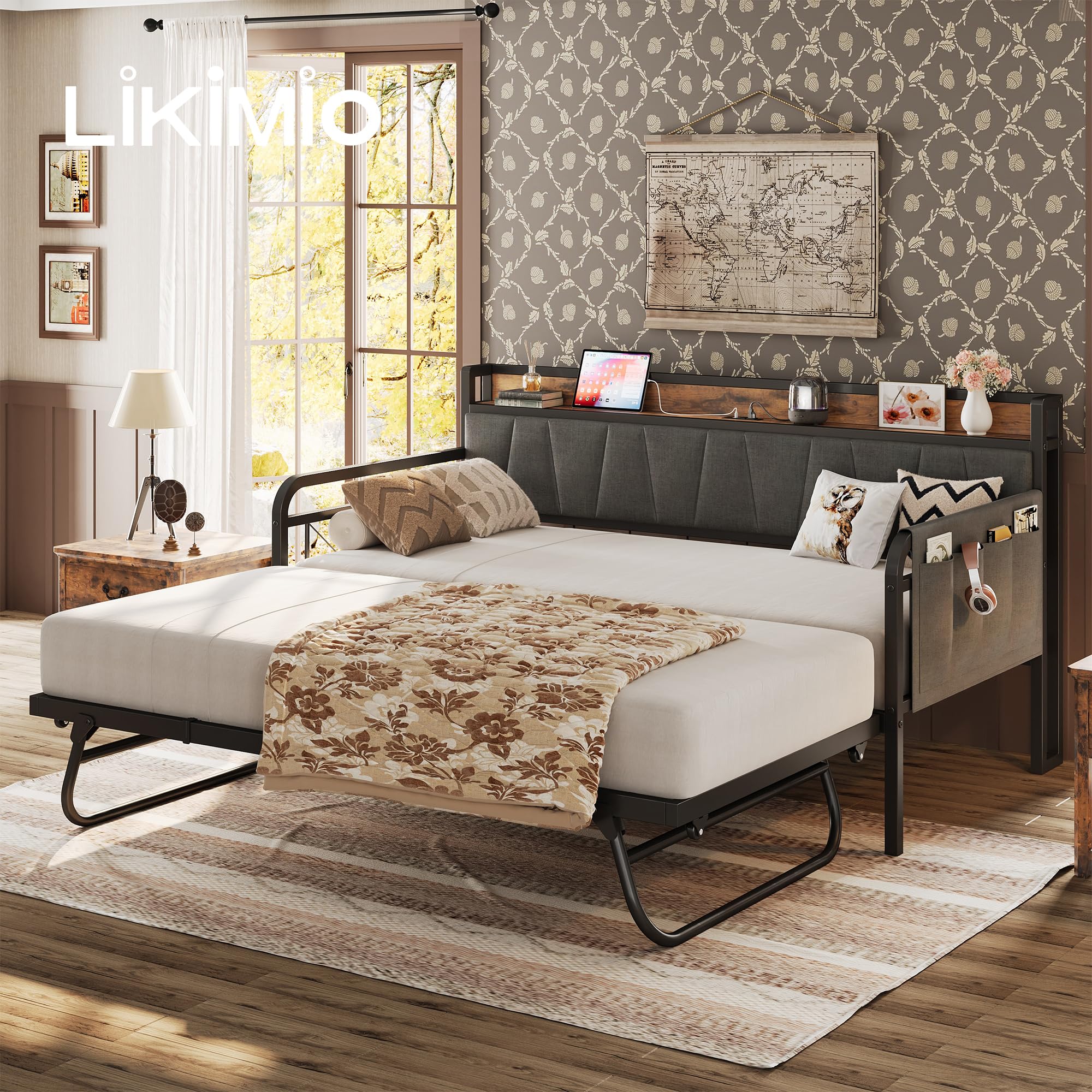 Daybed with Trundle Bed, Twin Bed Frame with Storage Headboard and Charging Station