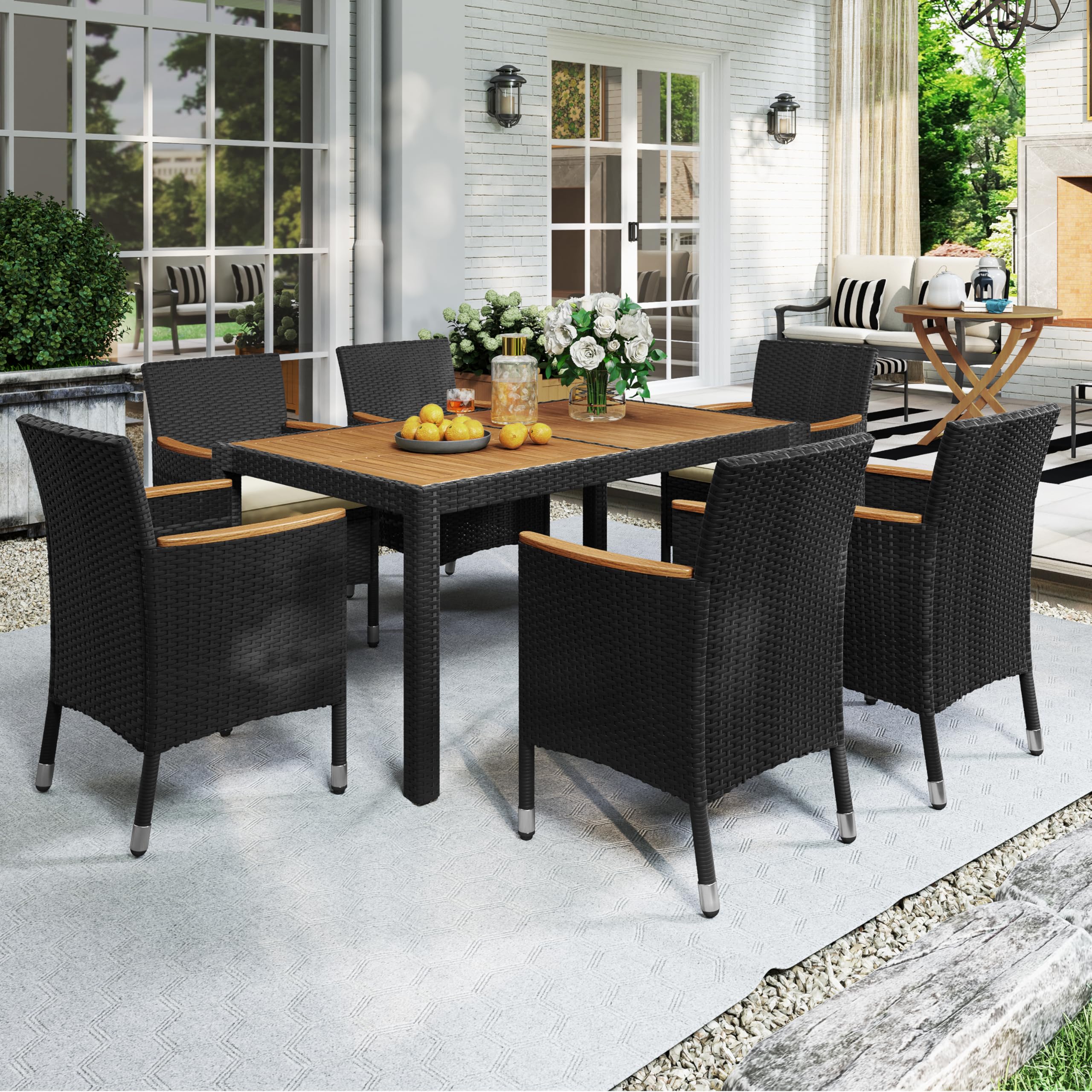 Outdoor Dining Sets, Outdoor Dining Acacia Wood Table Top Rattan Conversation Set