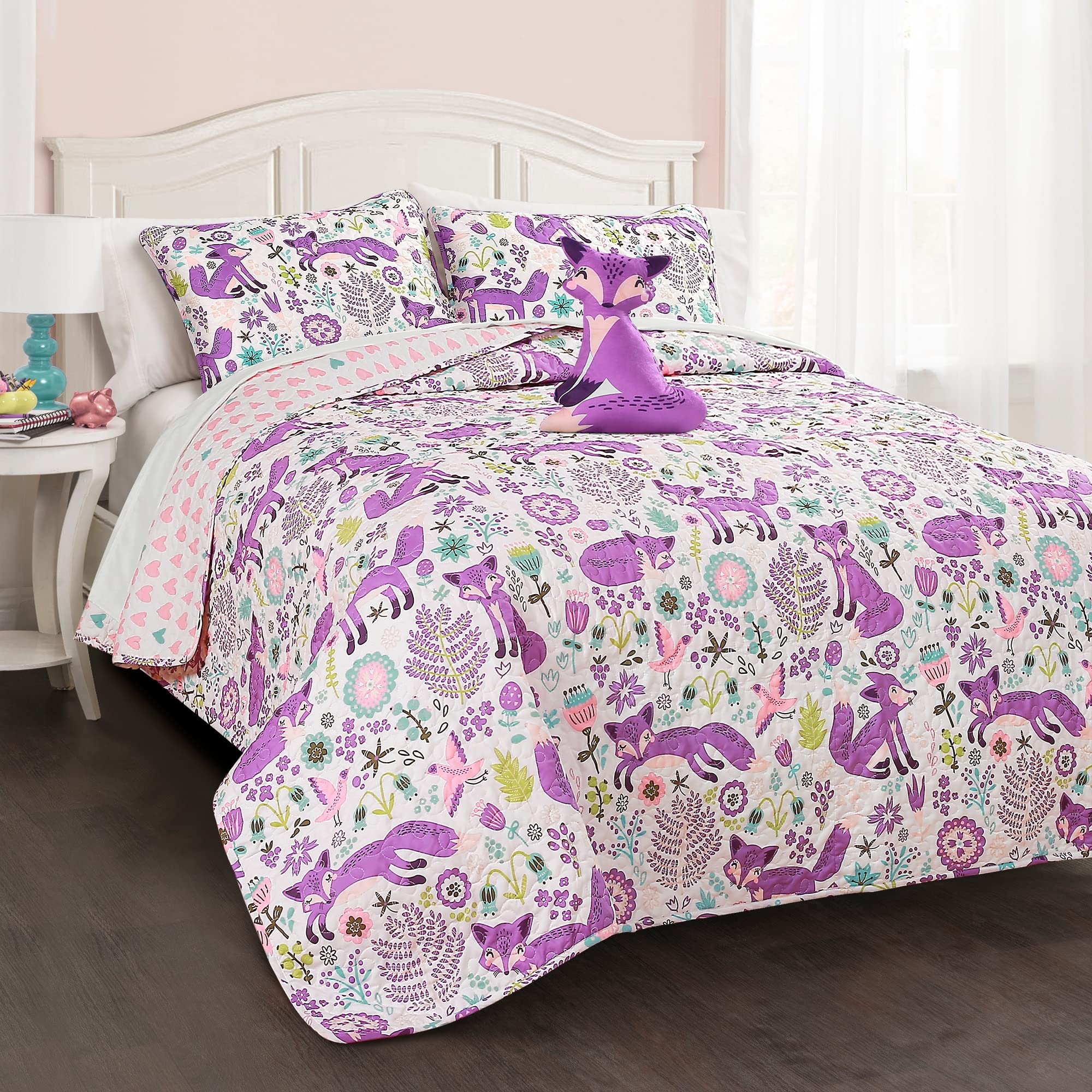 Pixie Fox Reversible Quilt Set, 4 Piece Set, Full/Queen, Navy & Pink - Fun