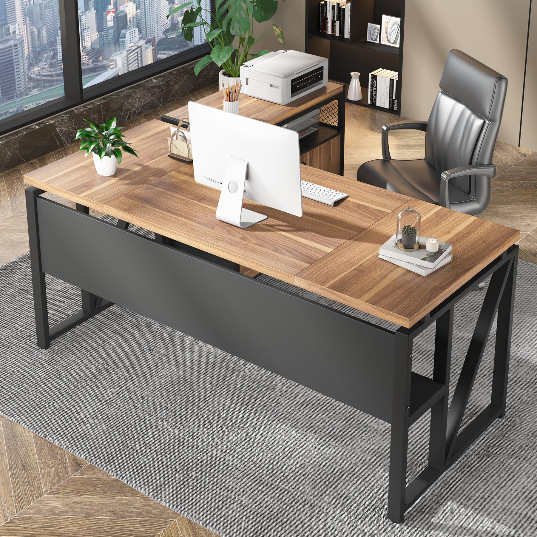 63" Executive Desk with Reversible File Cabinet, Large L-Shaped Office Desk