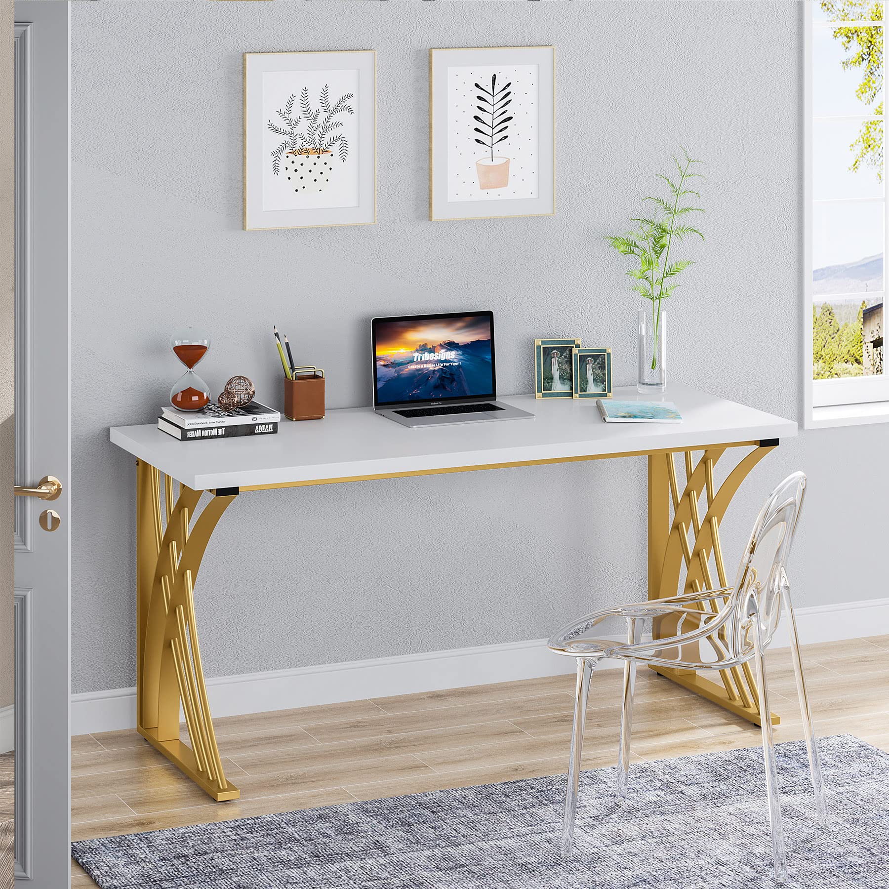 55’’ Large Modern Computer Desk, White & Gold Luxury Laptop PC Student Table
