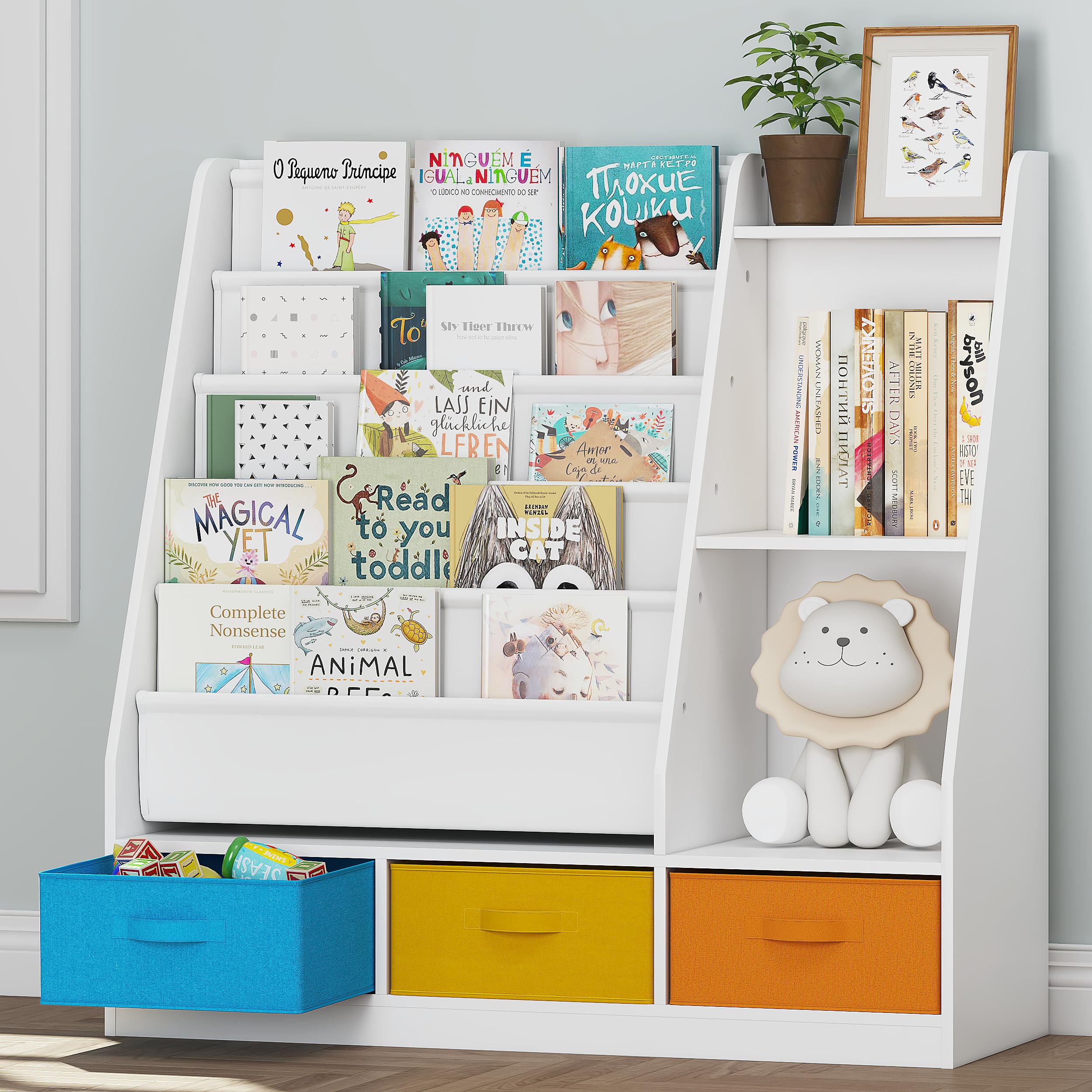5-Tier Kids Sling Bookshelf with Storage Bins, Wood Children Bookcase
