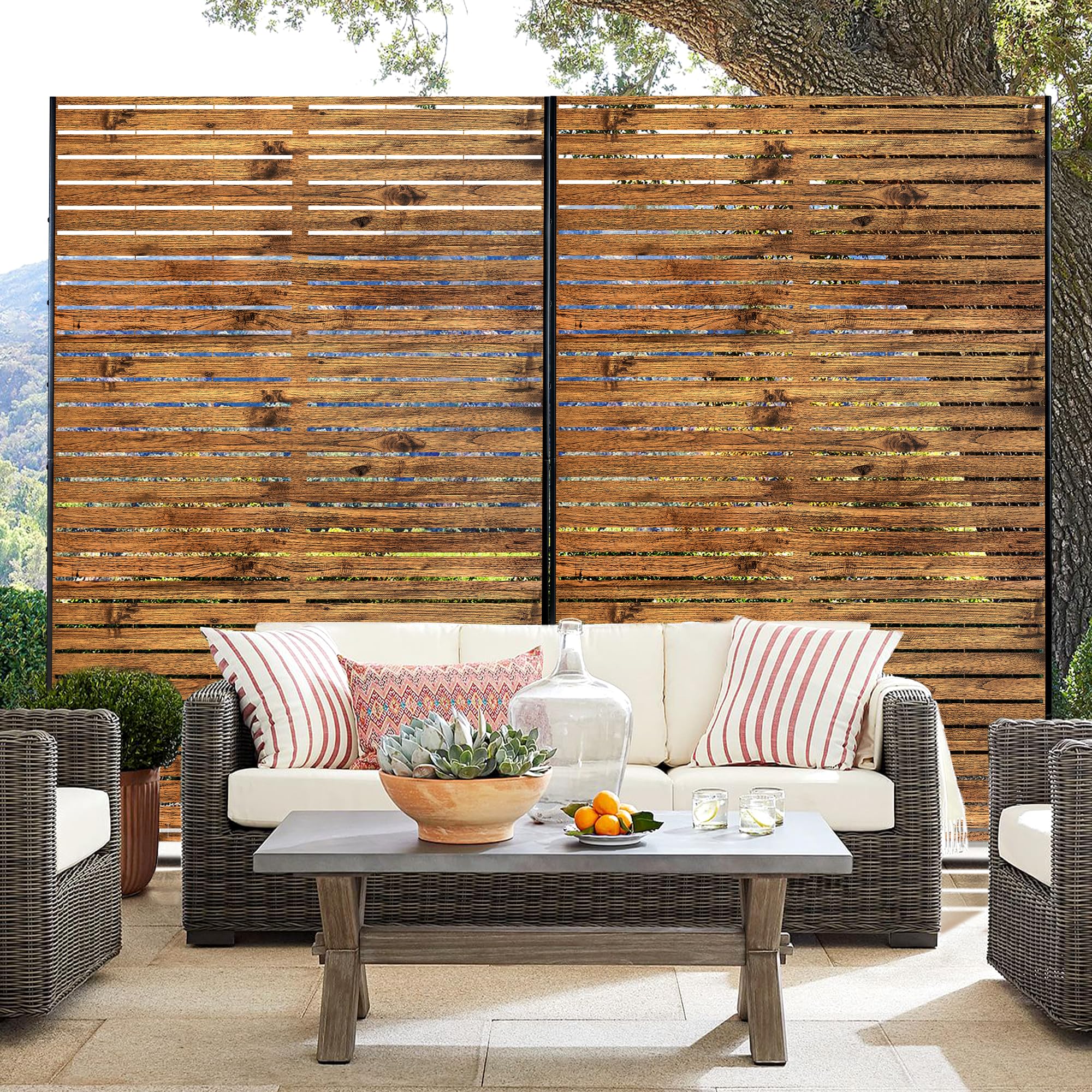 Metal Privacy Screen Outdoor 72" H×47" W Natural Wood Brown Patio Privacy Screen