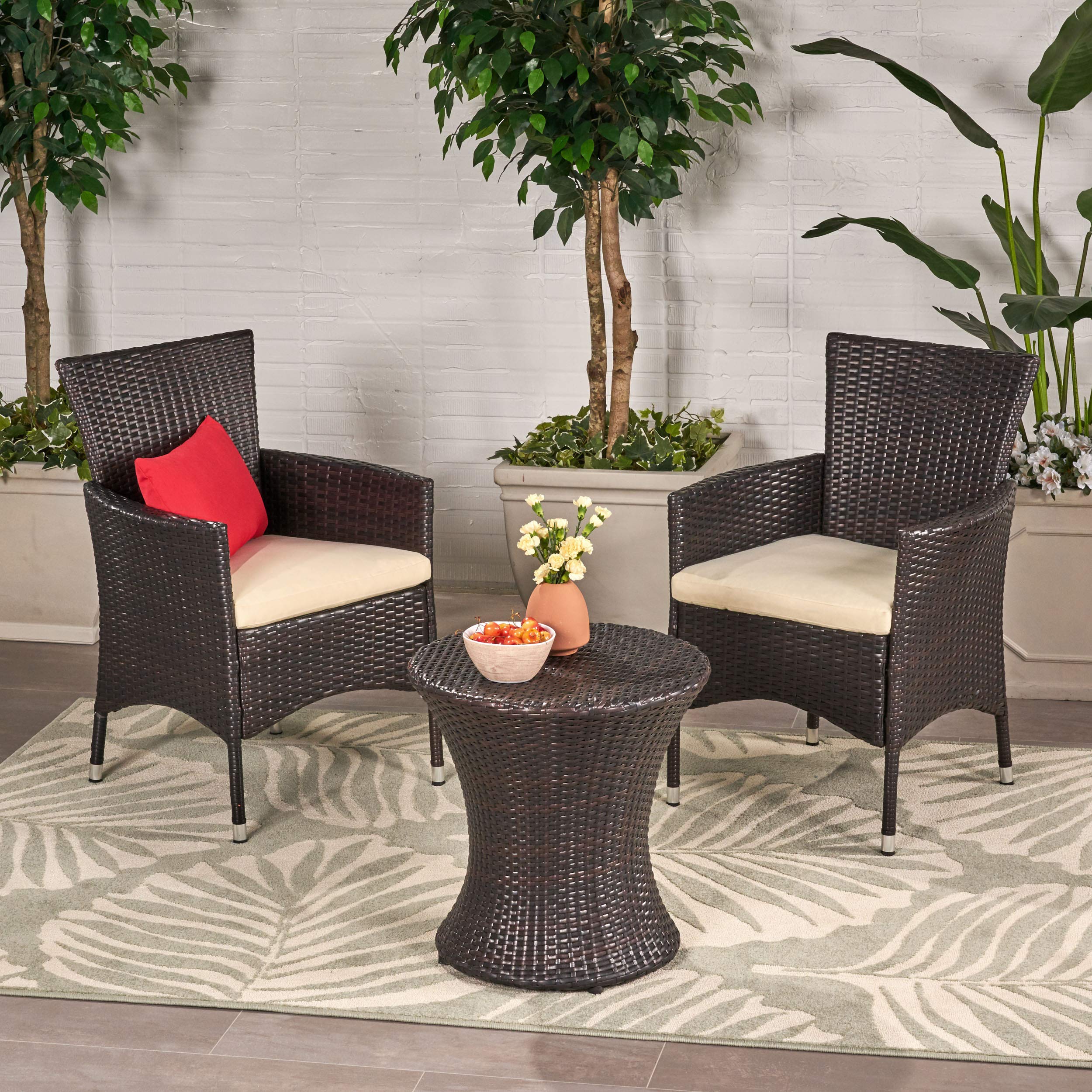 Malta Outdoor Wicker Chat Set, 3-Pcs Set, Multibrown / Beige