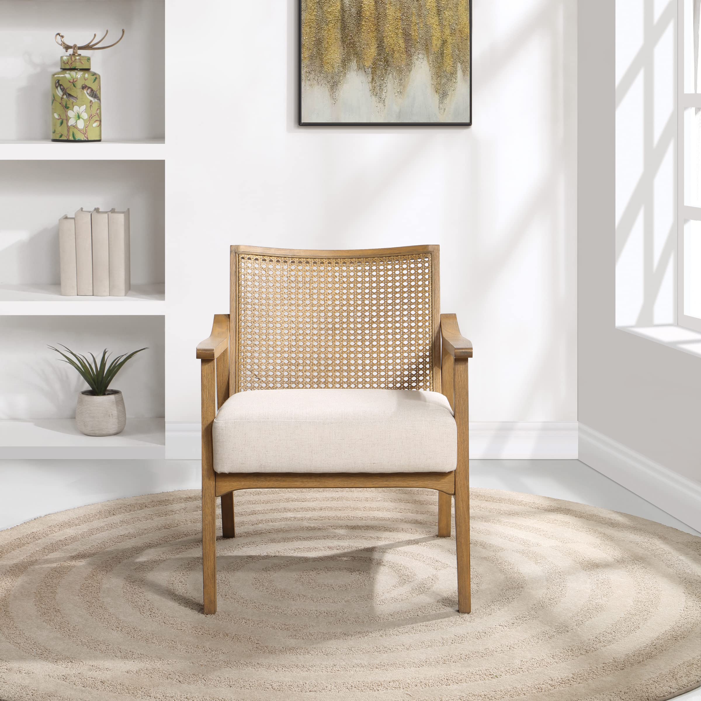 Alania Wood Accent Chair with Cane Back, Arms and Padded Seat, Linen Fabric
