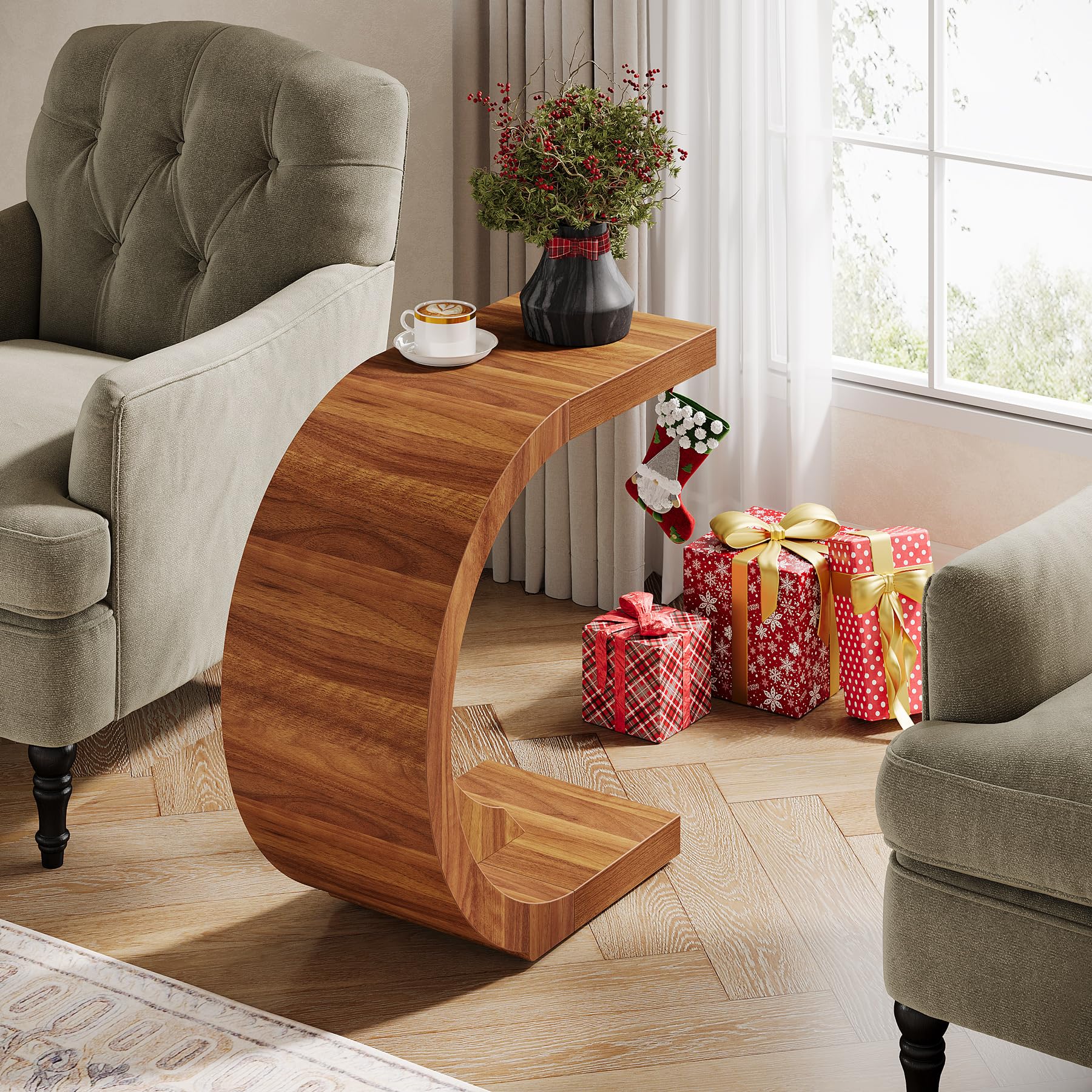 C-Shaped End Table Set of 2, Rustic Compact Side Table for Couch