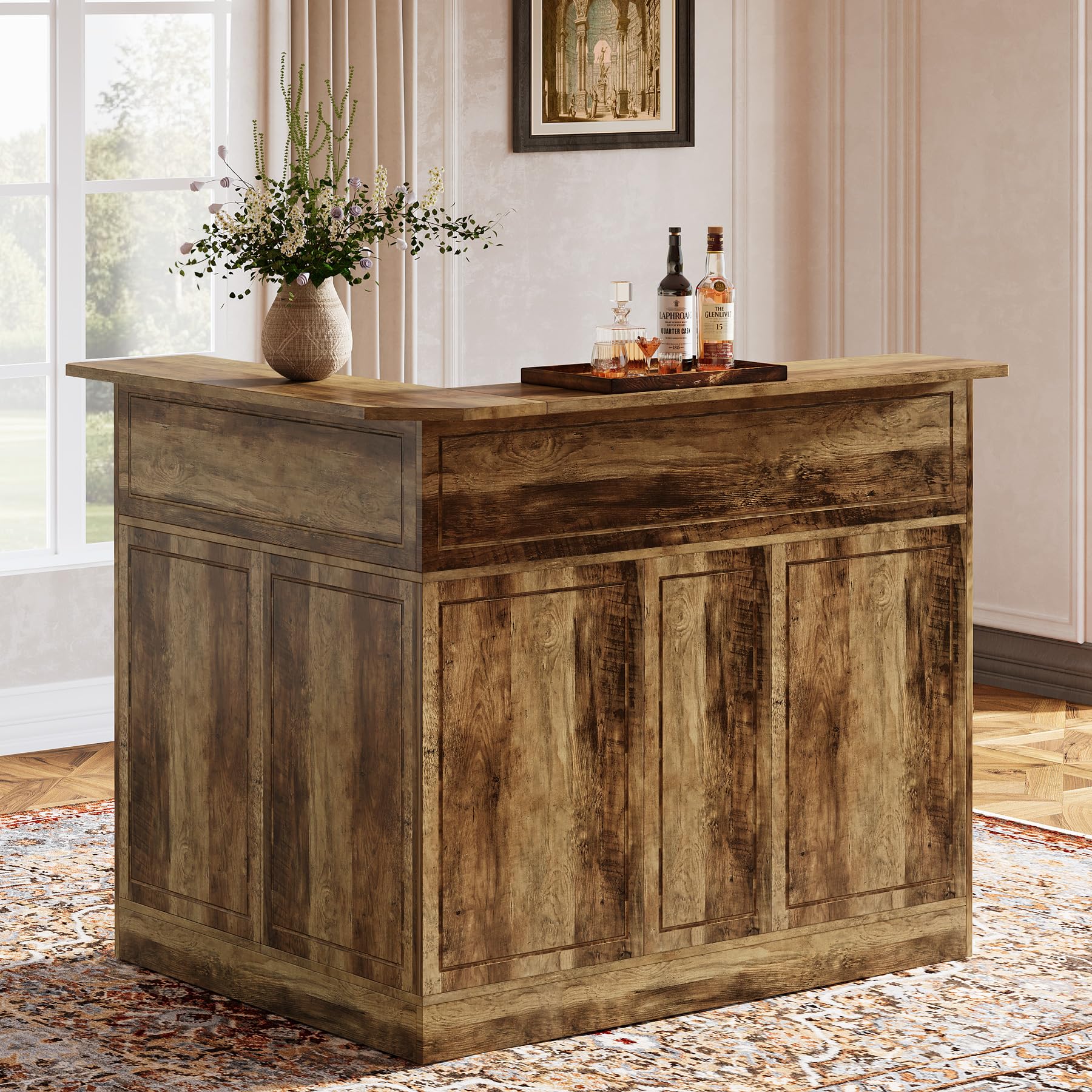 Bar Cabinet, L-Shaped Home Bar Table with Stemware Racks, 4-Tier Corner Bar