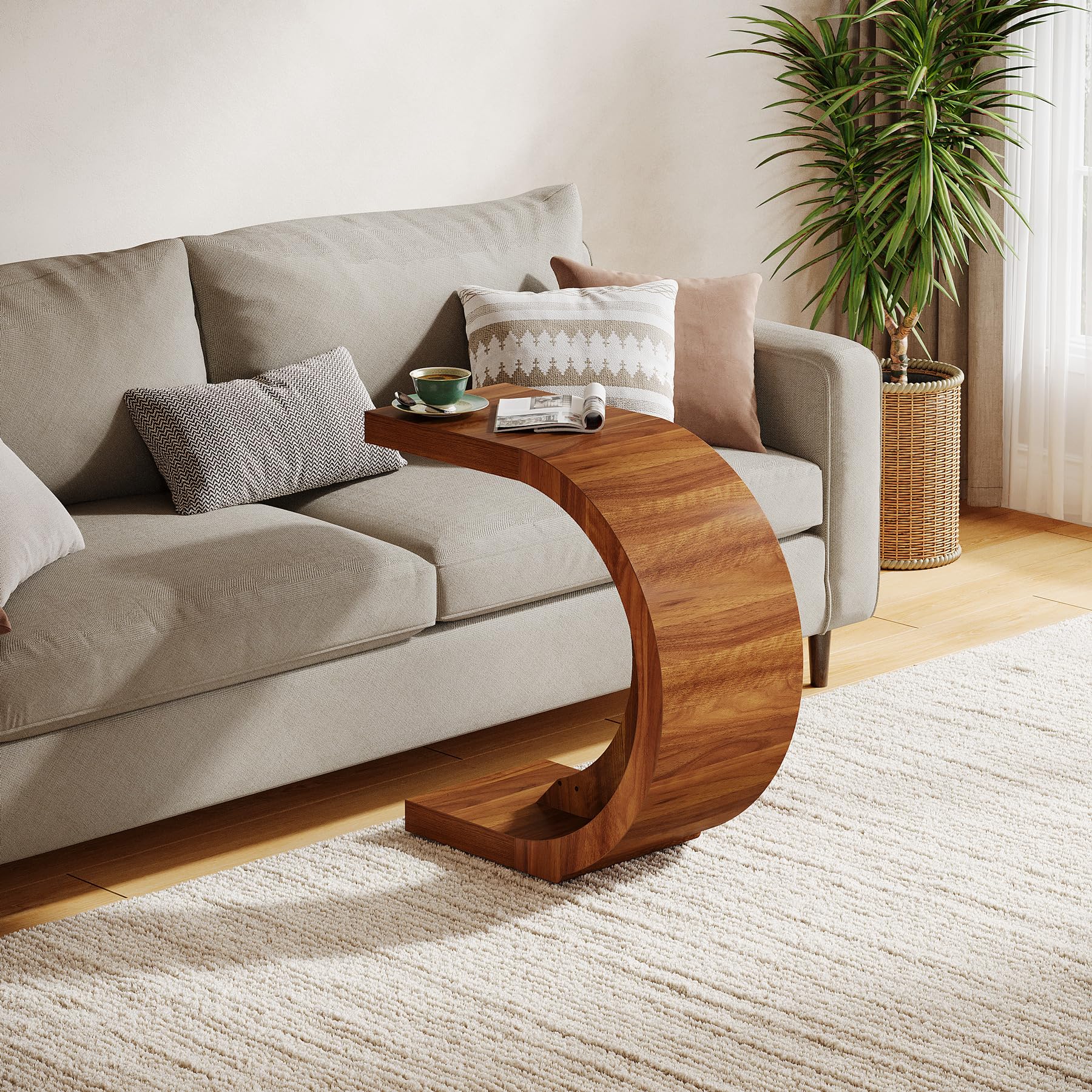 C-Shaped End Table Set of 2, Rustic Compact Side Table for Couch