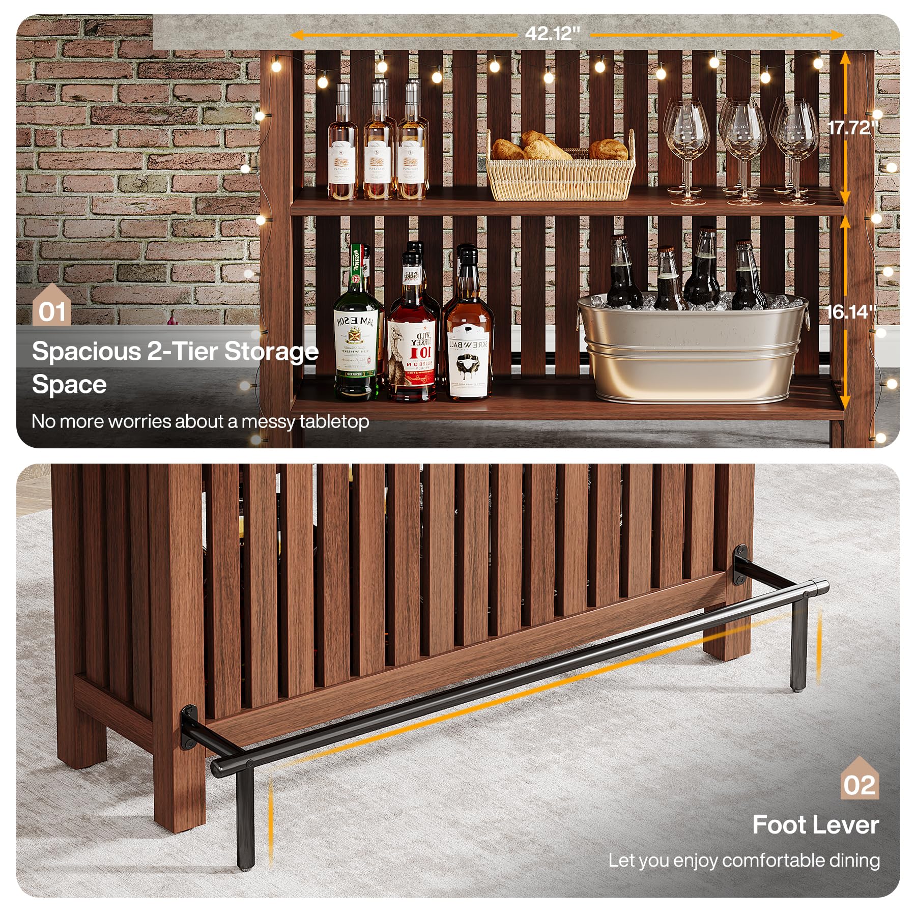 63-Inch Large Home Bar Unit, 2-Tier Mini Bar Table Height Pub Table with Footrest