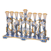 Hand Painted Blue and Ivory Tulip Menorah Candelabra, Embellished
