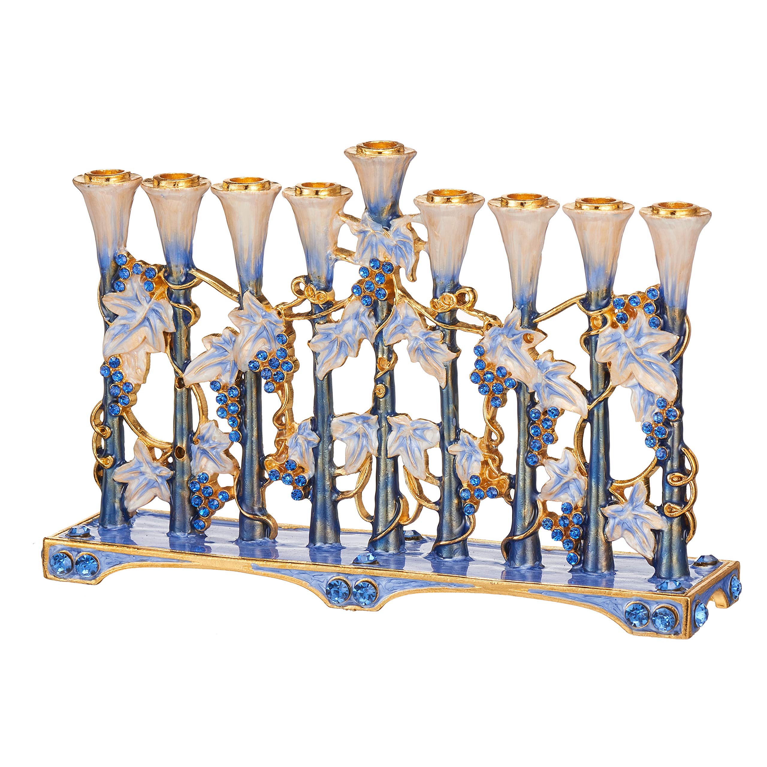 Hand Painted Blue and Ivory Tulip Menorah Candelabra, Embellished