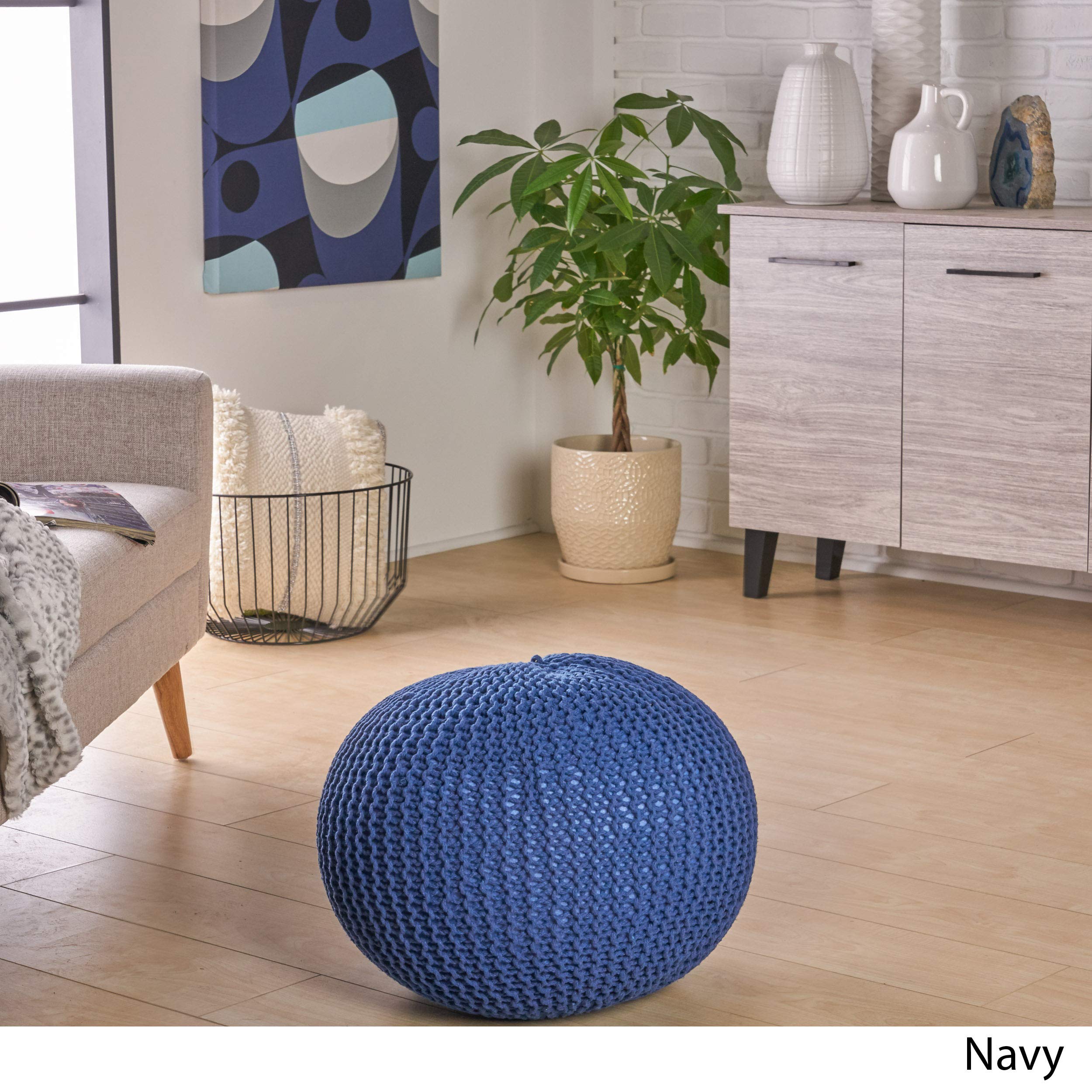 Belle Knitted Cotton Pouf, Navy,Ottomans and Poufs