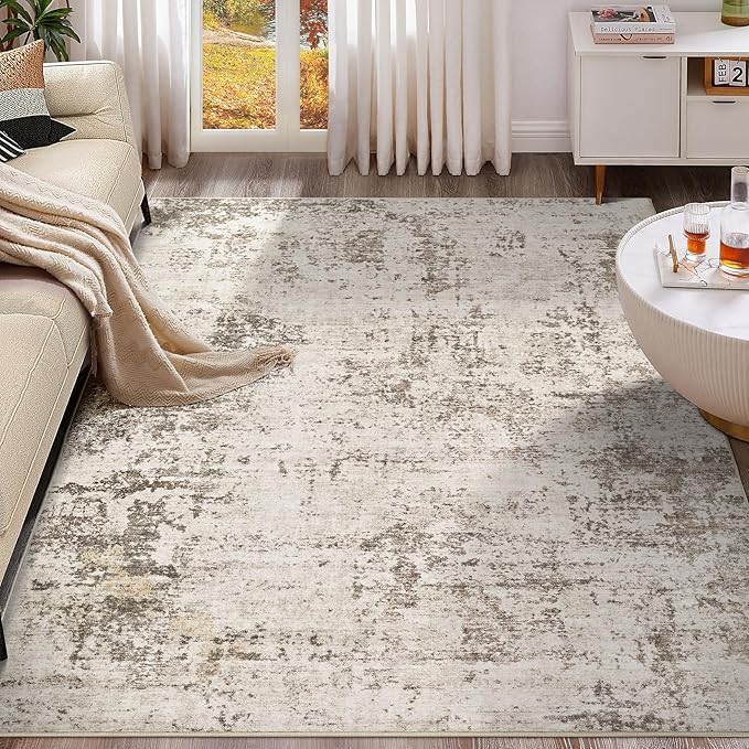 9x12 Area Rug Living Room Rugs - Washable Neutral Modern Abstract Soft Thin Large Rug