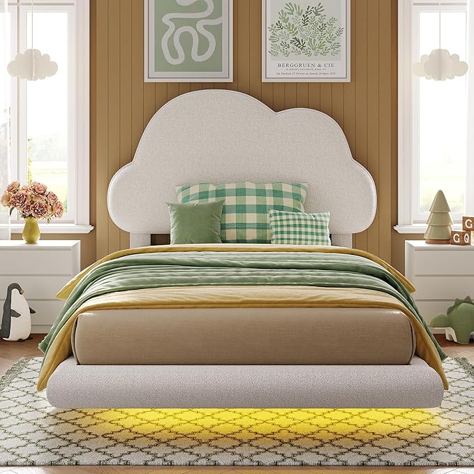 Twin Bed Frames with Cloud Headboard, Upholstered Boucle Floating Platform Bed
