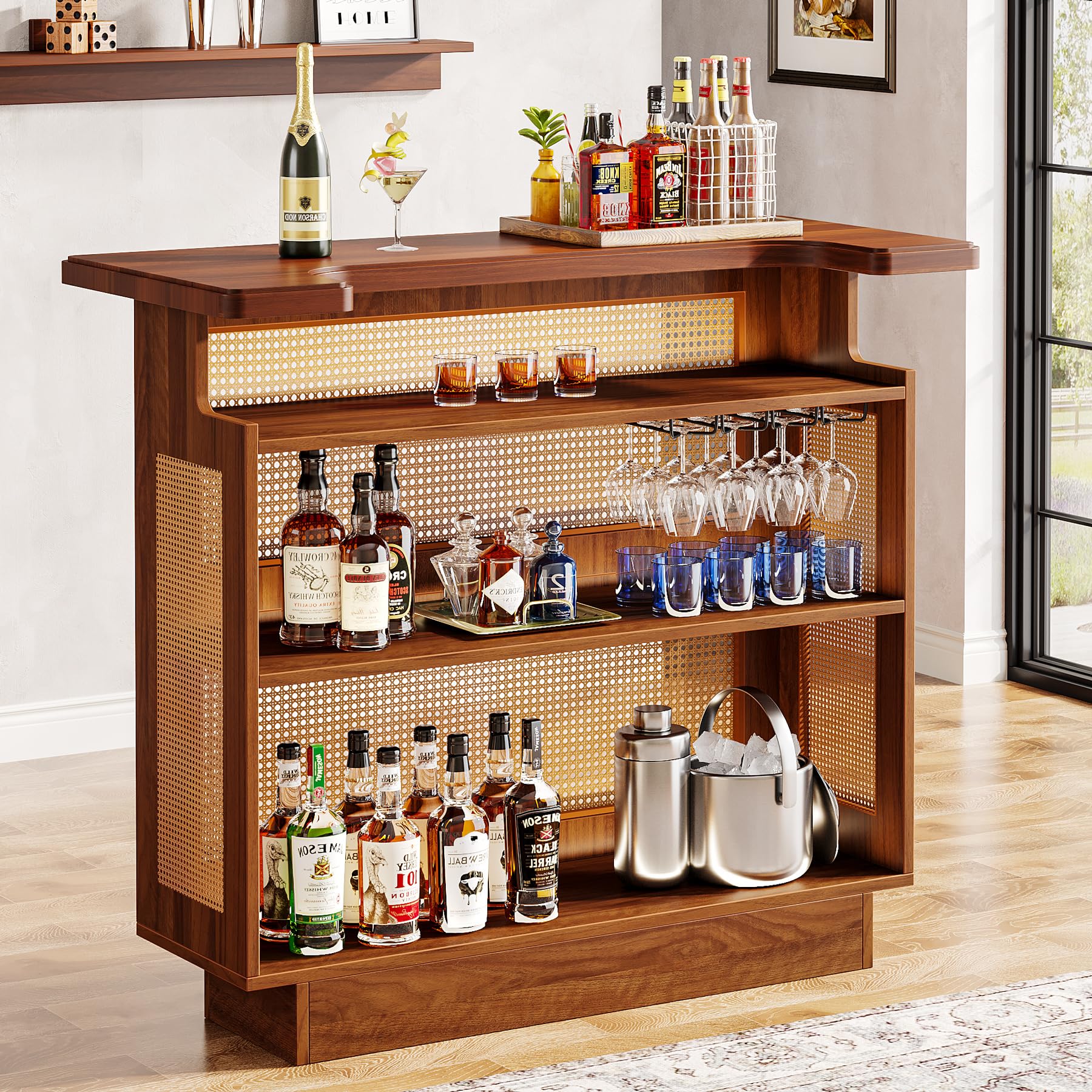 Rattan Home Bar Unit, Farmhouse 4-Tier Bar Table with 4 Stemware Racks