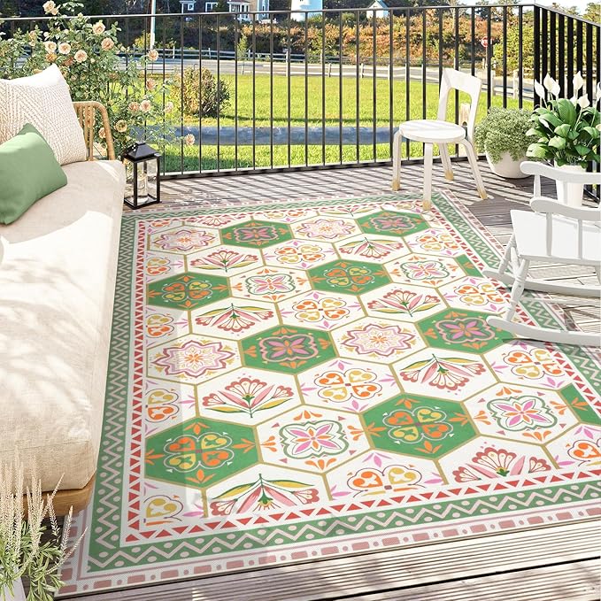 Large Outdoor Rug 8x10, Floral Indoor Outdoor Patio Rug