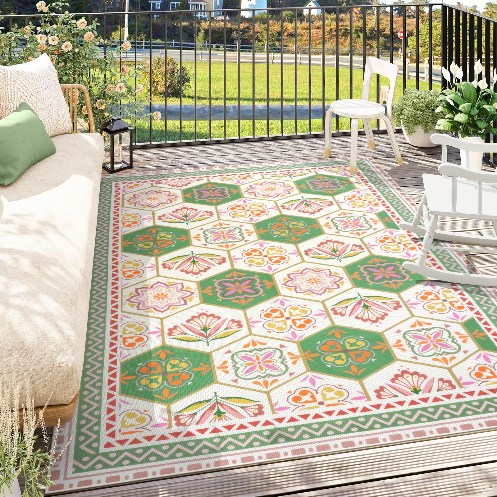 Large Outdoor Rug 8x10, Floral Indoor Outdoor Patio Rug