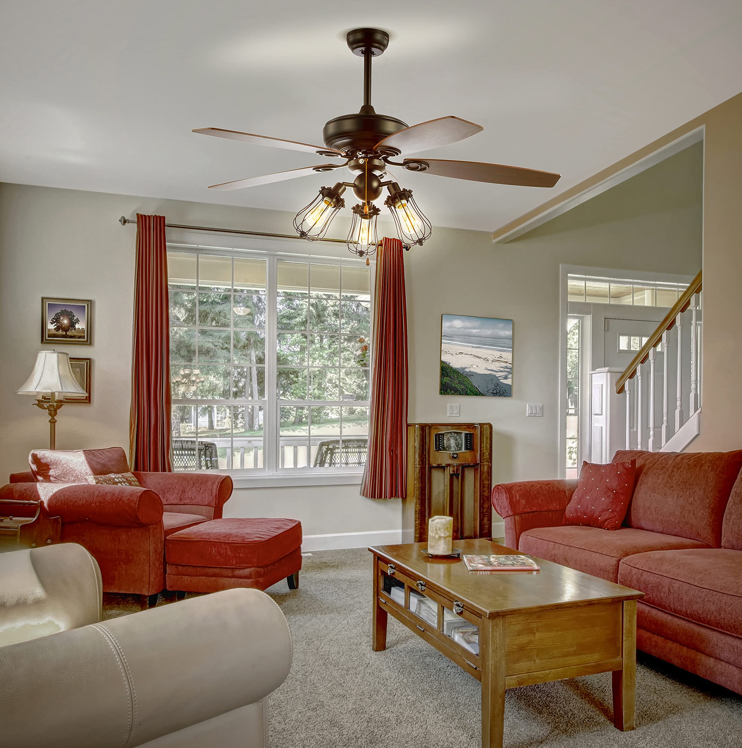 Lucas 52" Caged 3-Light Metal/Wood LED Ceiling Fan and Pull Chain, Farmhouse, Bohemian