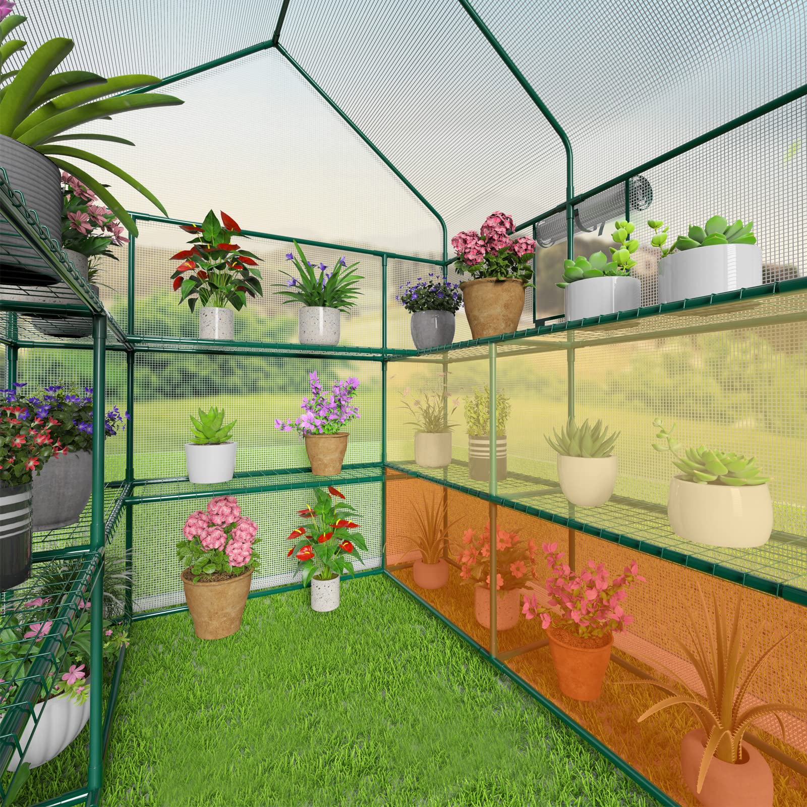 Walk-in Outdoor Greenhouse with 2 Mesh Windows, 4 Tiers, and 10 Shelves
