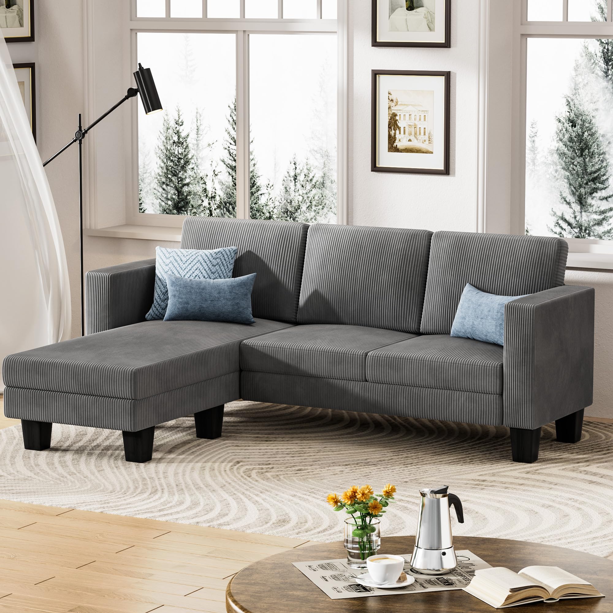 L-Shaped Convertible Sectional Sofa 3 Seater with Corduroy Fabric