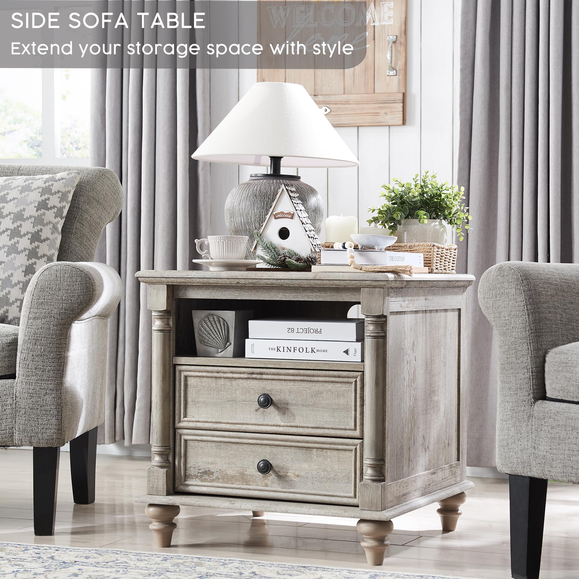 24'' Farmhouse End Table w/4 Solid Wood Feet, Large 2 Drawers Wide Sofa Side Table