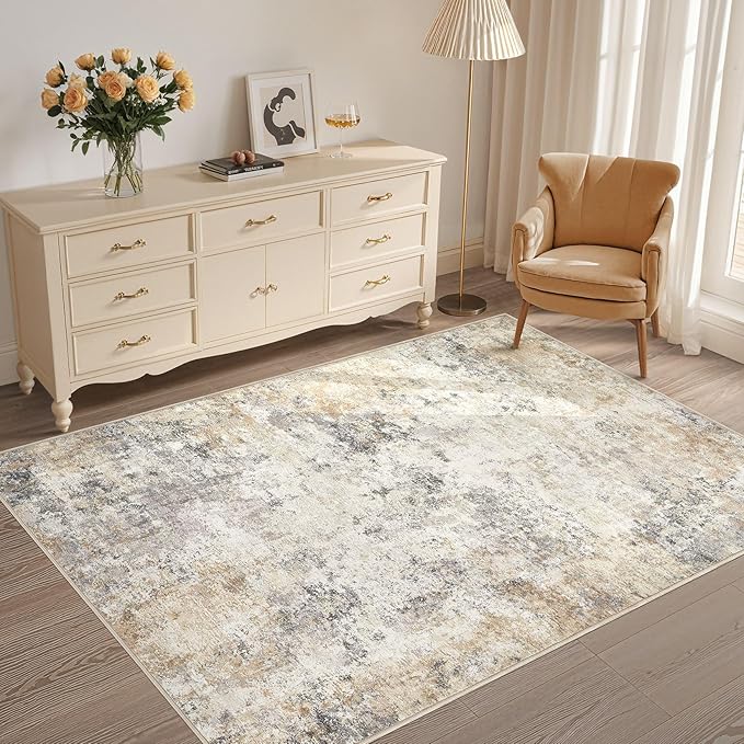 9x12 Area Rug Living Room Rugs - Washable Neutral Modern Abstract Soft Thin Large Rug