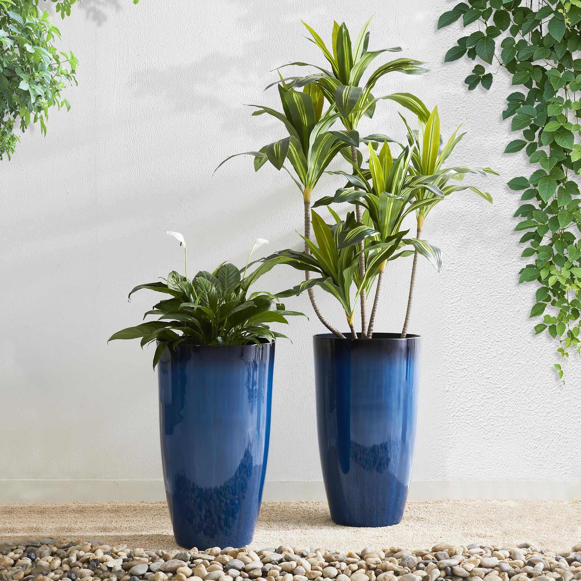 23.5" H Oversized Tall Round Tapered Planter, Set of 2 Large Gradient Cobalt Blue Faux