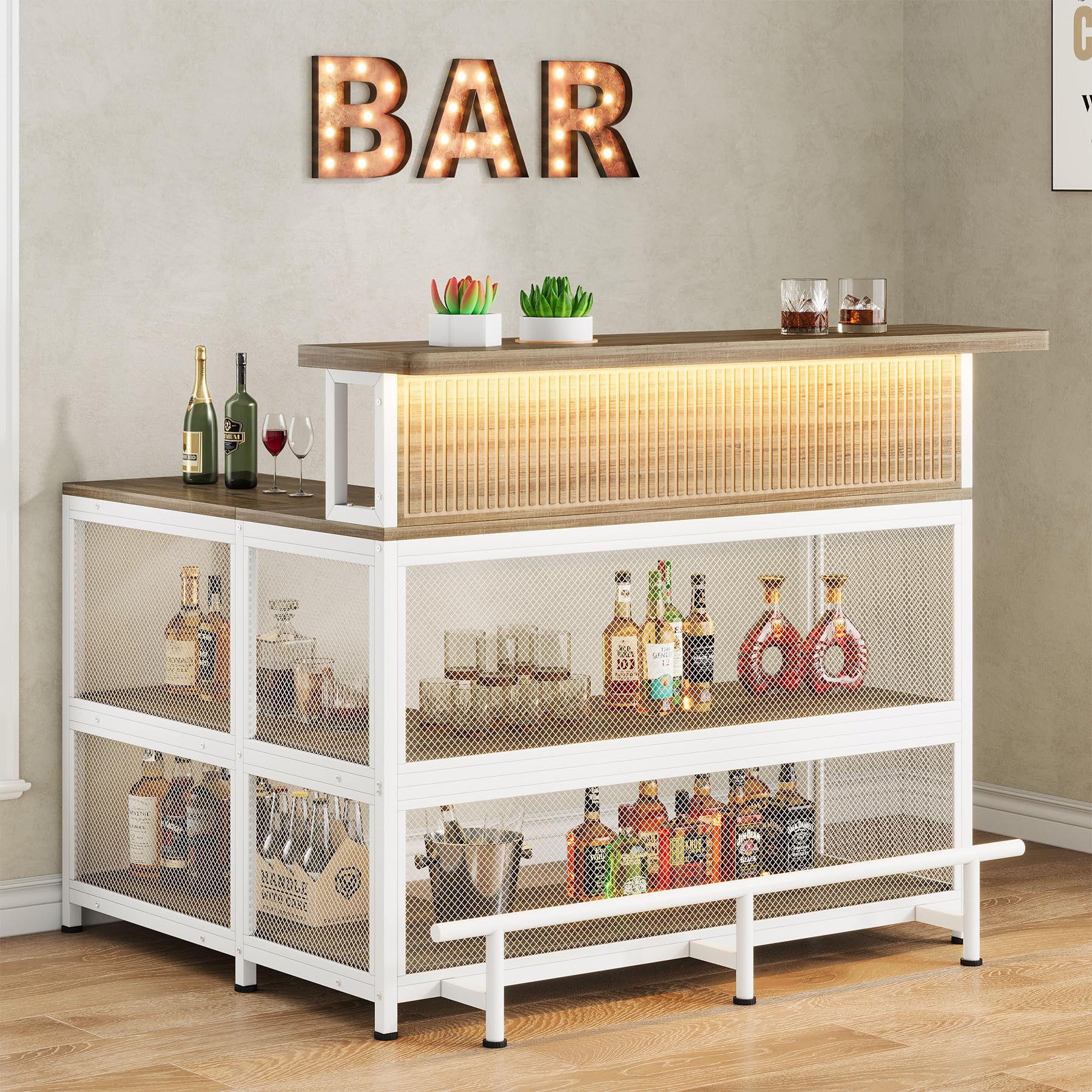 L-Shaped Home Bar Unit with LED Light and Wine Glasses Holder