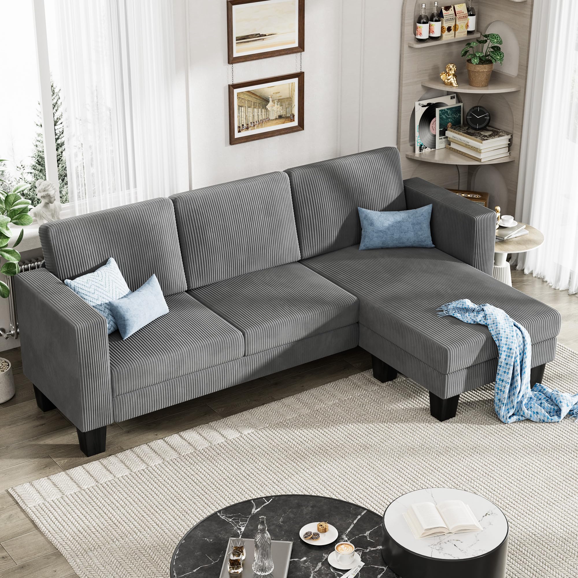 L-Shaped Convertible Sectional Sofa 3 Seater with Corduroy Fabric