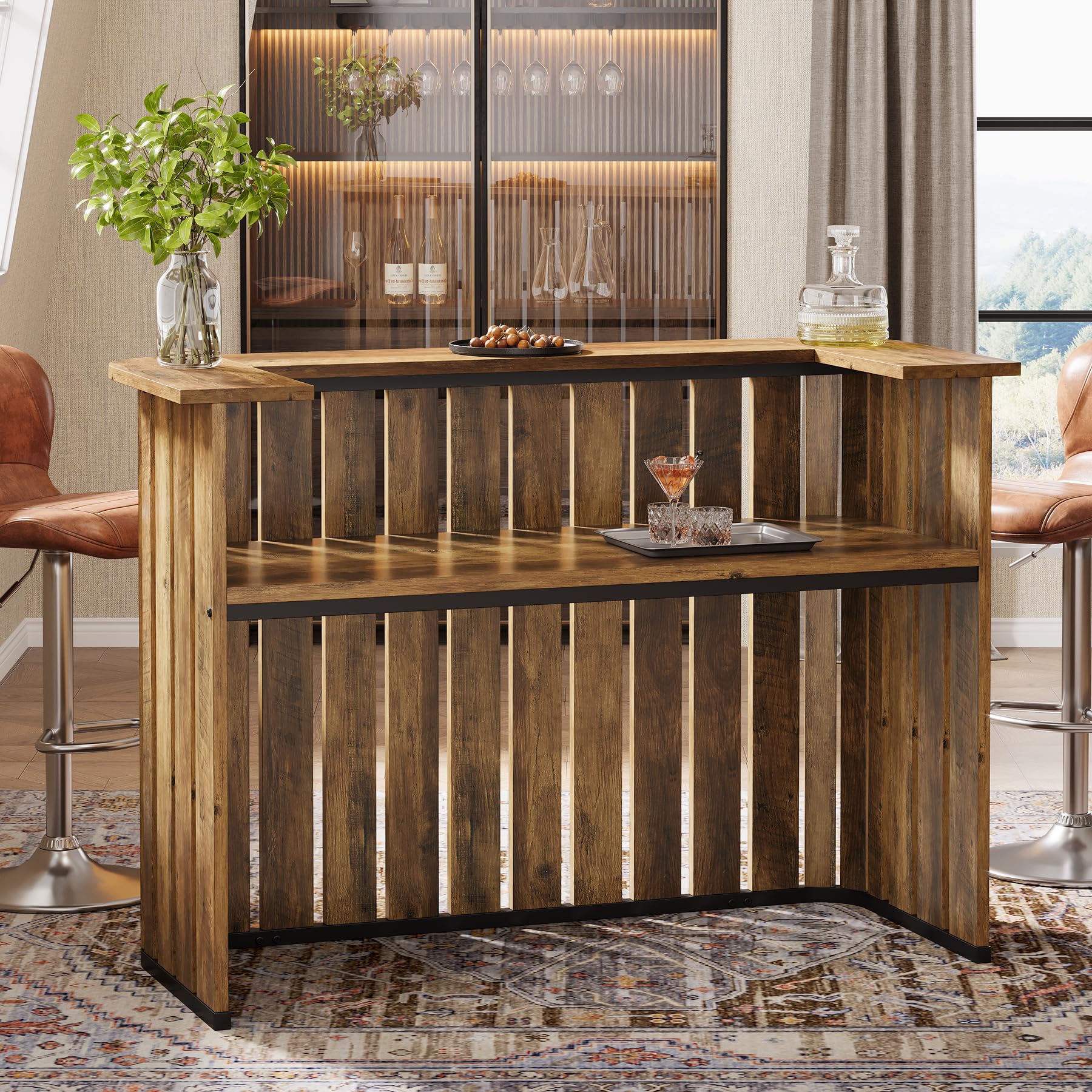 63-Inch Home Bar Unit, Farmhouse Liquor Bar Table with Storage Shelves