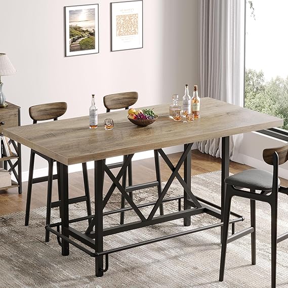 Bar Table, Industrial Counter Height Pub Table with Metal Footrest