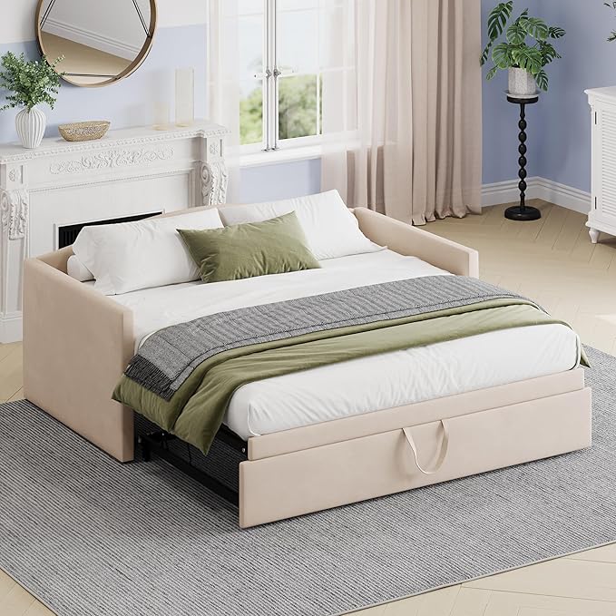 Velvet Daybed with Extended Pop Up Trundle, Upholstered Sofa Bed Daybed