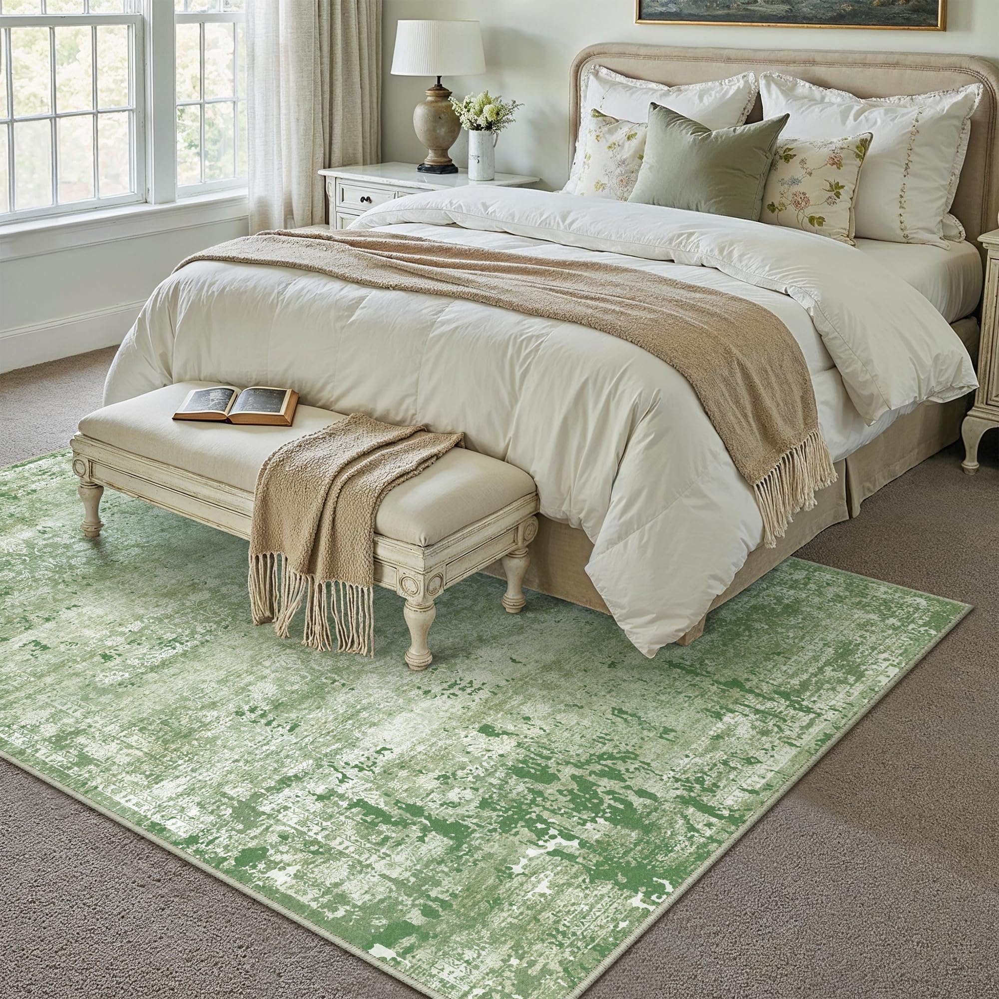 8x10 Washable Area Rug Green Sage Modren Neutral Living Room Bedroom Indoor