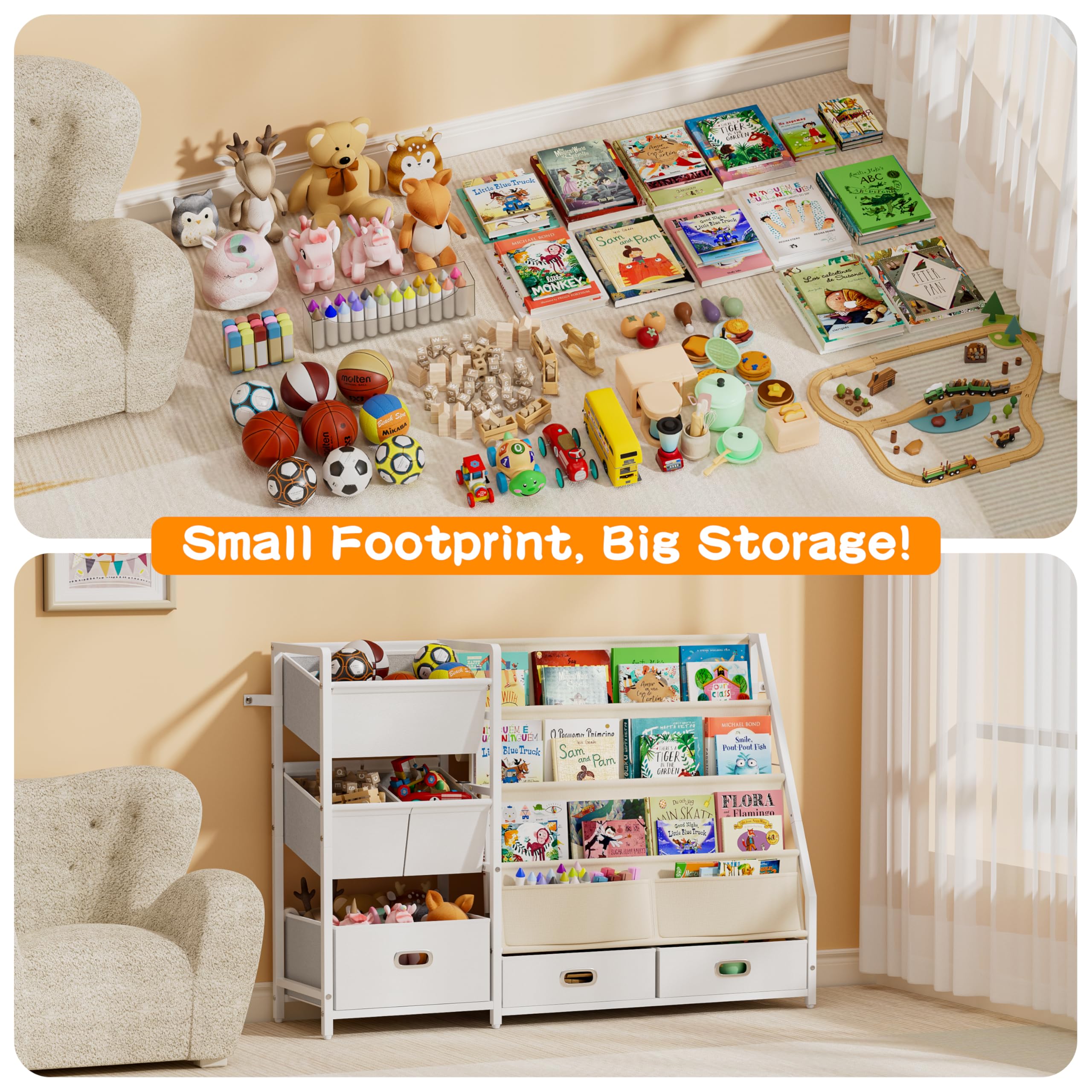HAVLOTII Kids Bookshelf and Toy Storage - Book Shelf for Kids Rooms, Toddler Bookshelves Baby Bookcase for Nursery, Montessori Toy Organizer, 6 Toy Bins for Kids Toy Storage