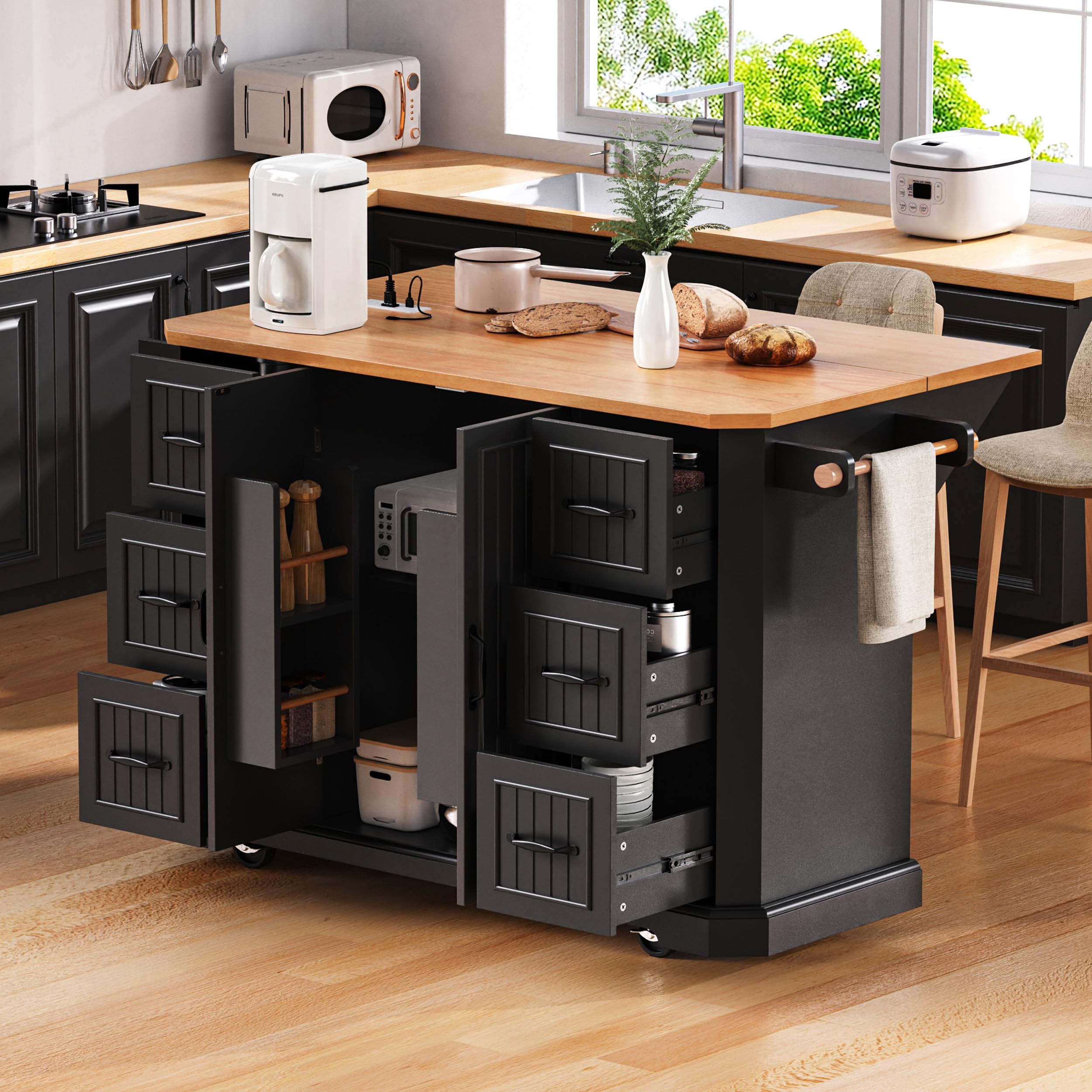 Farmhouse Kitchen Island with Drop Leaf & Power Outlet,56" Folding Kitchen Table with 6 Drawers and 4 Shelves,Rolling Kitchen Cart with Beveled Edges,Dining Island Table with Towel Rack (Black-2)