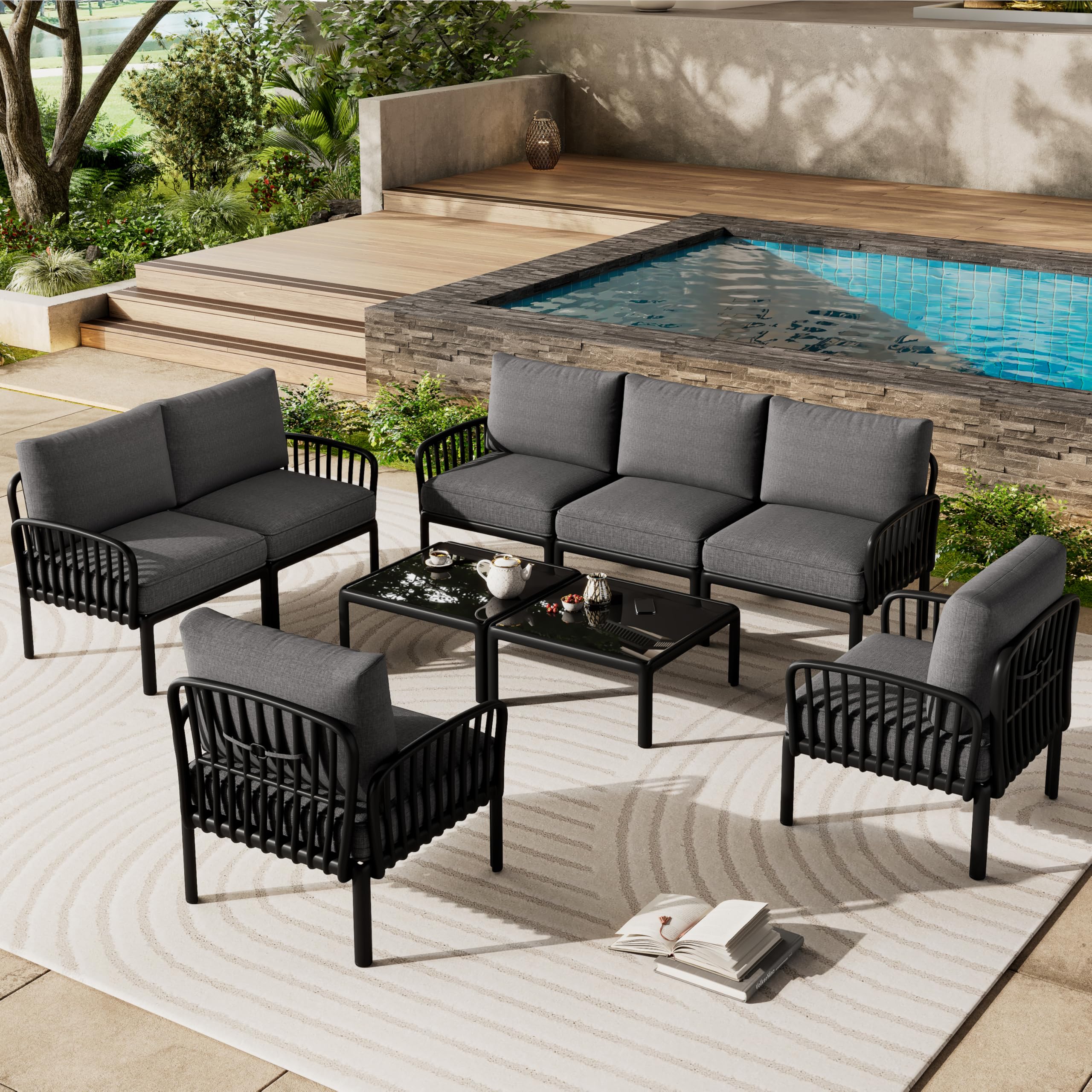 Landon 5 Pieces Patio Conversation Set, 3 Seater Sofa with Coffee Table