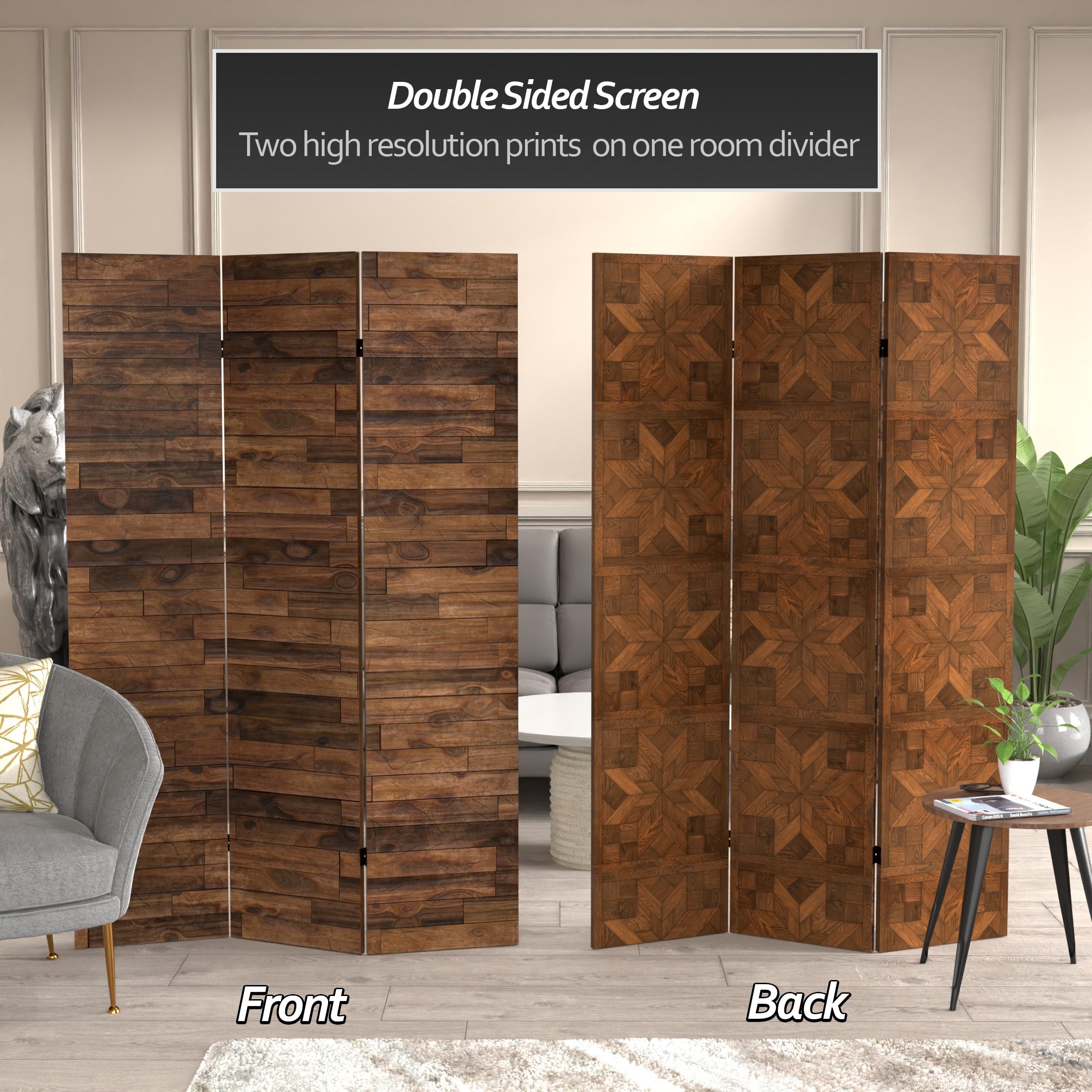 Red Lantern 6 ft. Tall Double Sided Walnut Wood Pattern Canvas Room Divider