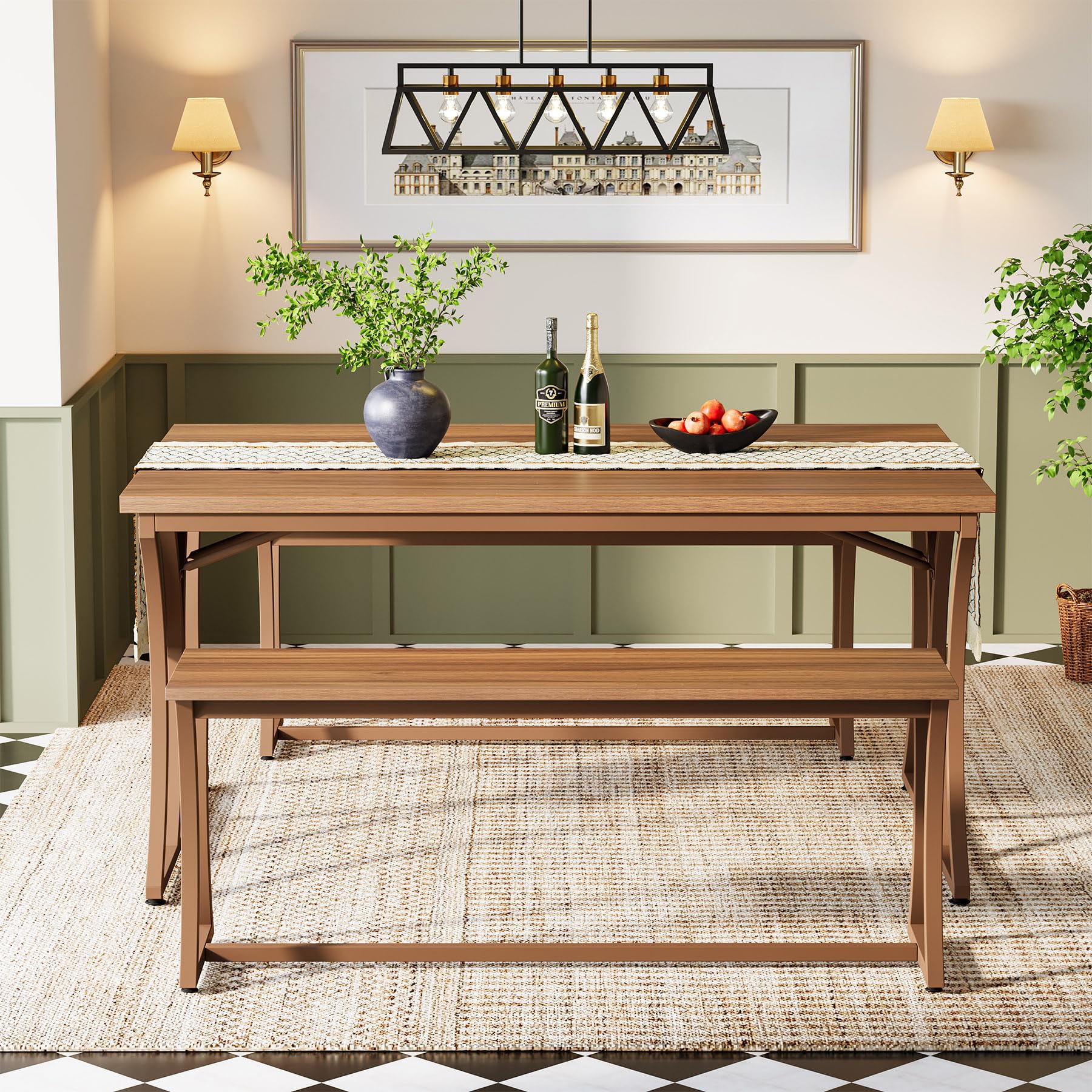 4-Piece 51-Inch Dining Table Set with 2 Benches & Table Runner