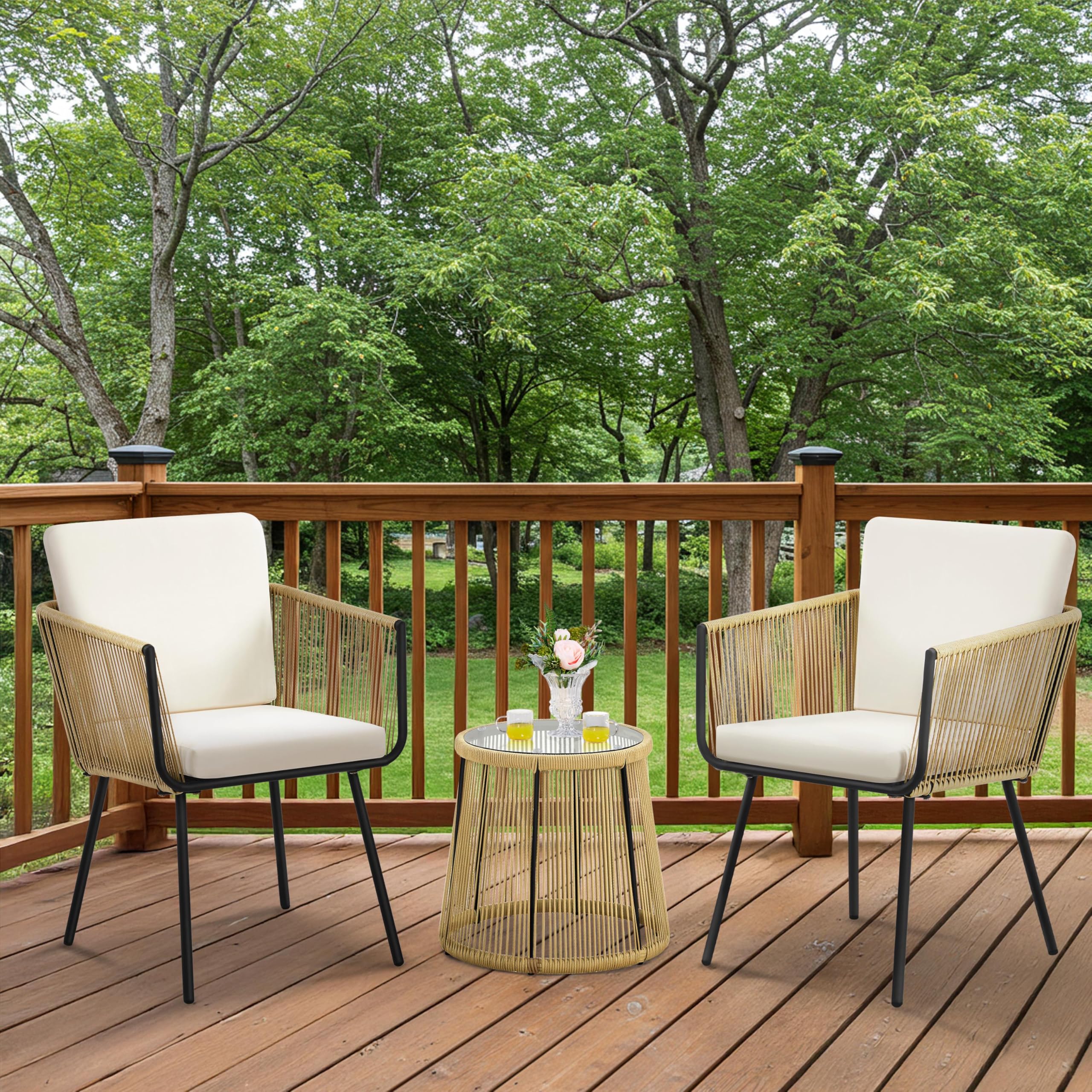 3 Piece Patio Rattan Bistro Set, Outdoor All Weather PE Wicker Conversation Furniture Set