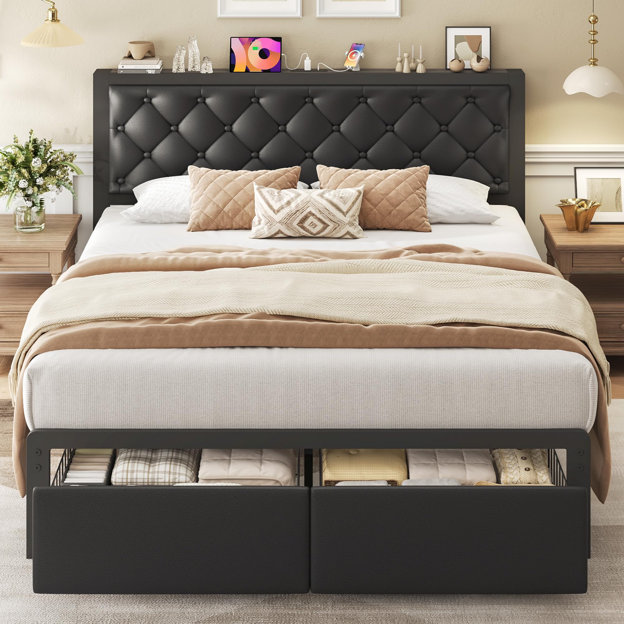 Queen Bed Frame with 2 Storage Drawers, Upholstered Headboard Button Tufted Bed