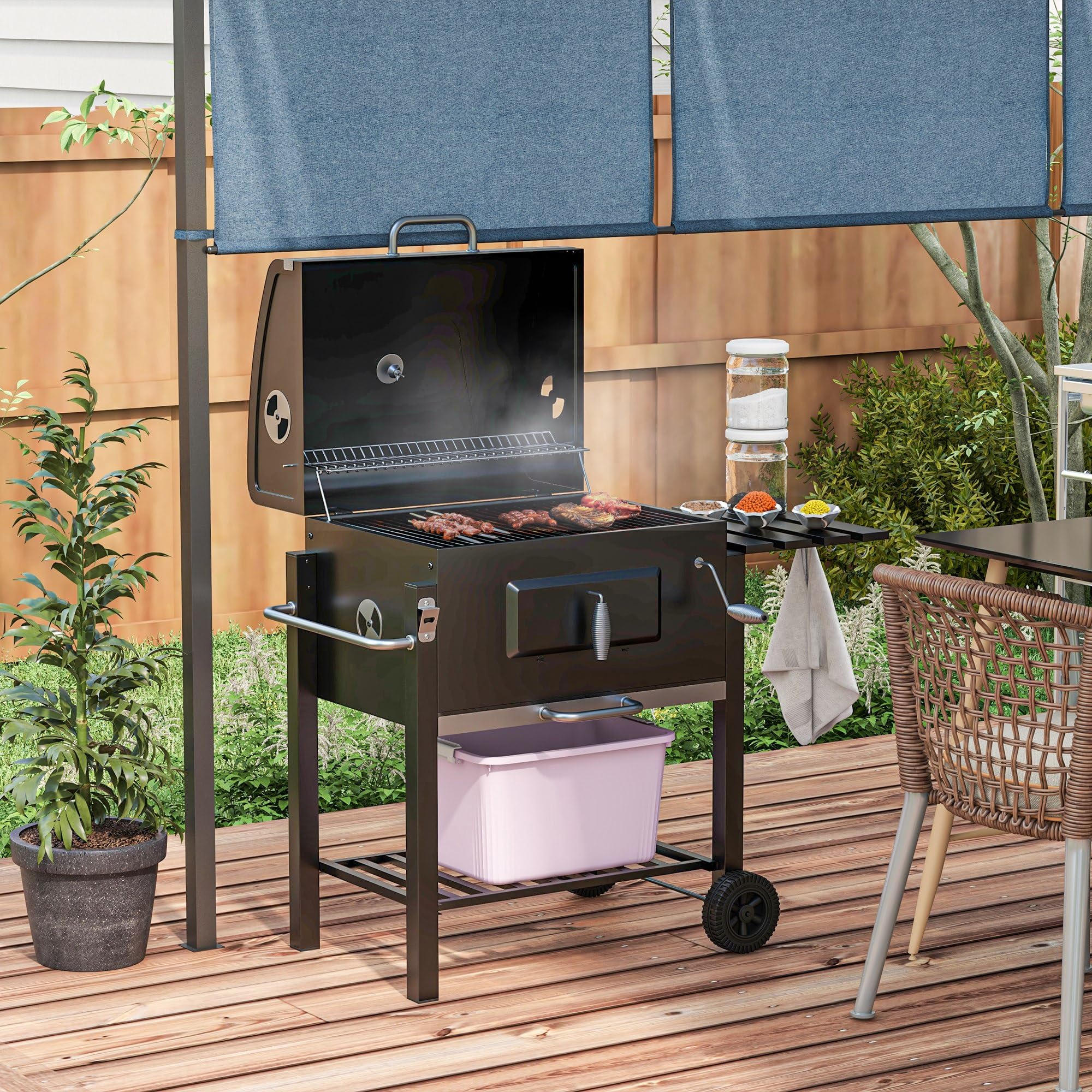 Charcoal BBQ Grill, Outdoor Portable Cooker for Camping or Backyard Picnic with Side Table