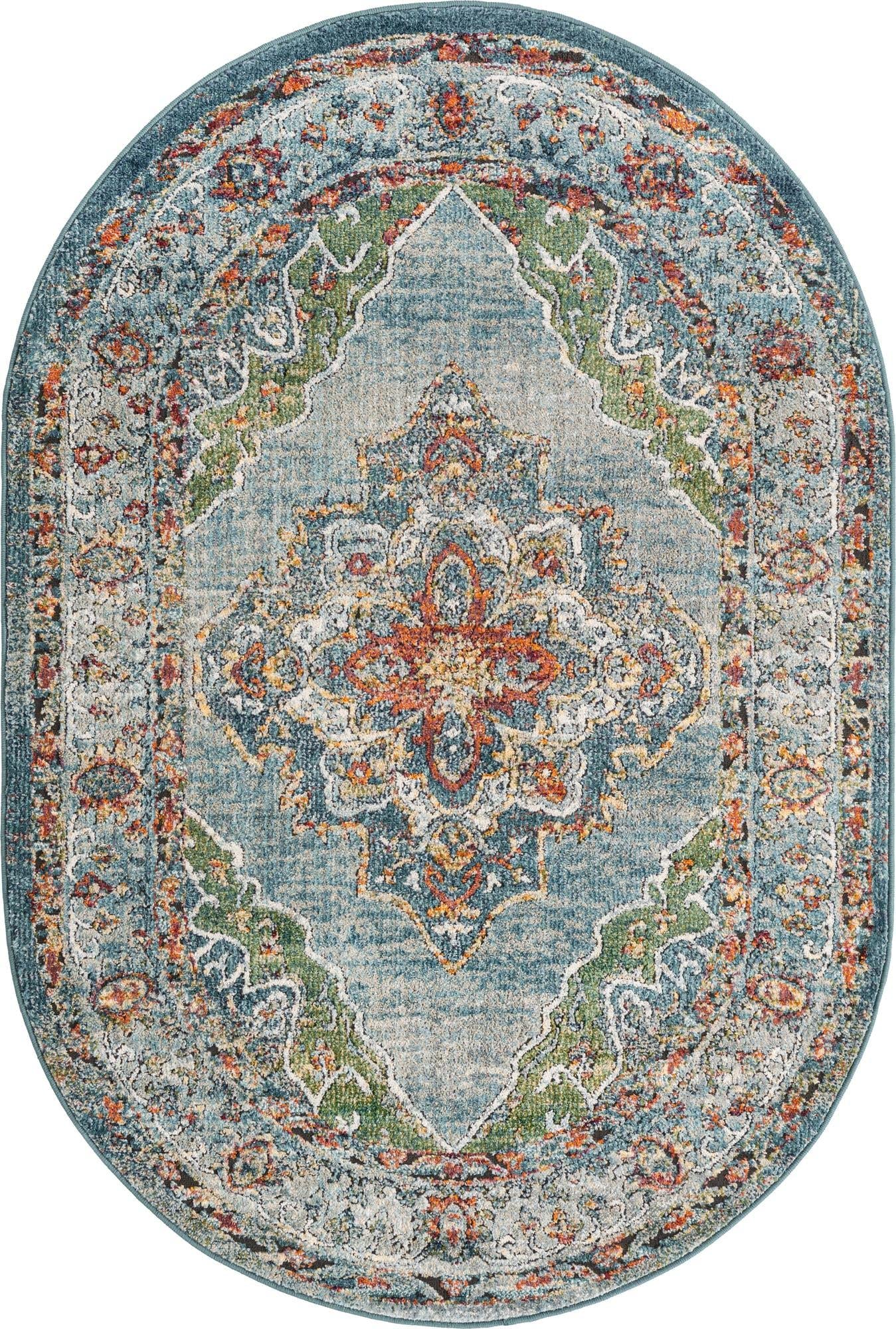Isabella Collection Area Rug - Rossellini (4' 1" x 6' 1" Oval, Blue/ Beige)