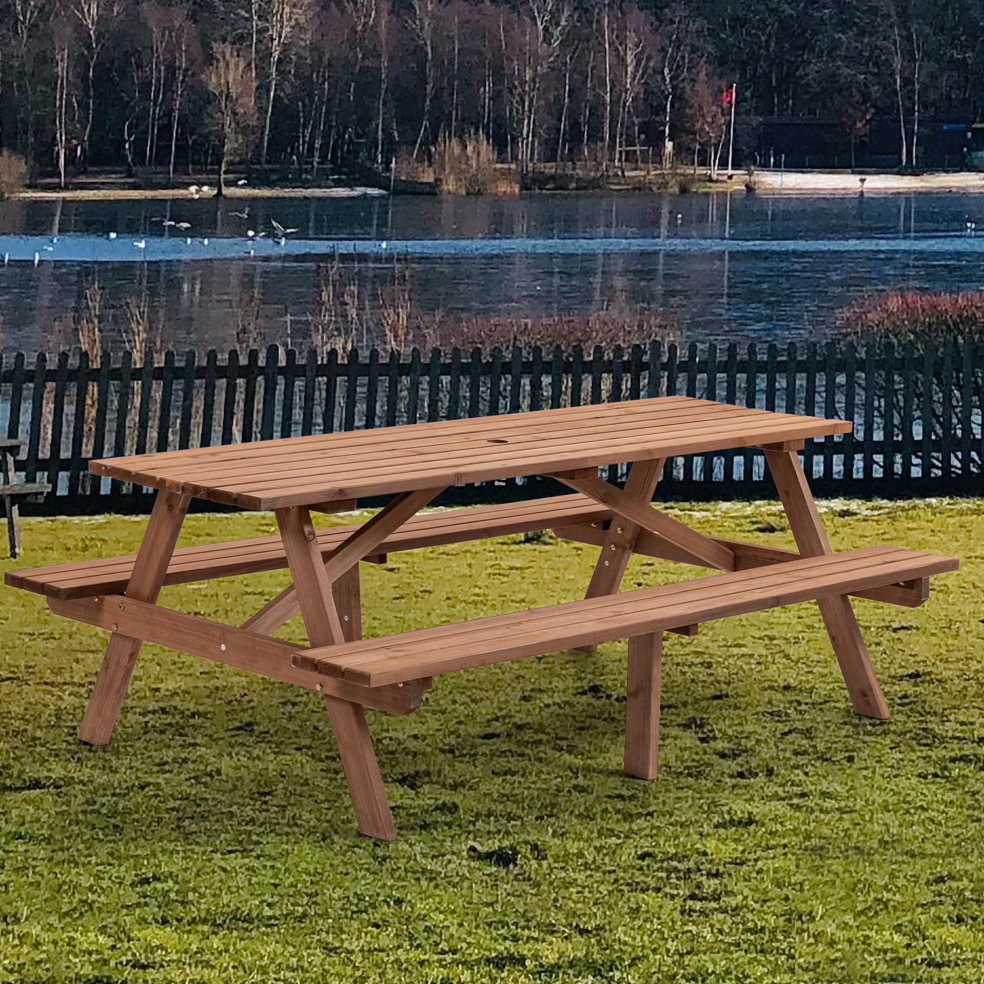 Picnic Table with Bench for 6-8 Person Outdoor Wooden Rectangle Table for Backyard