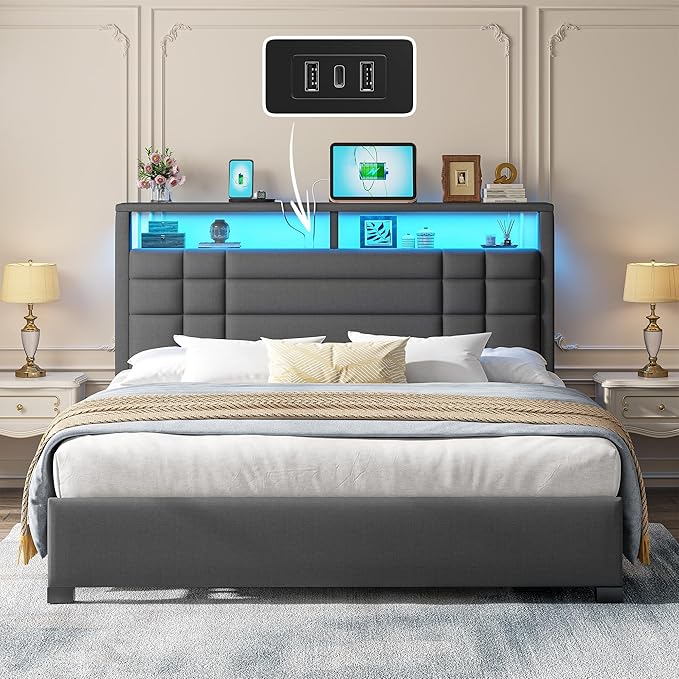 Queen Bed Frame with 2-Tier Storage Headboard, Queen Size Bed Frame