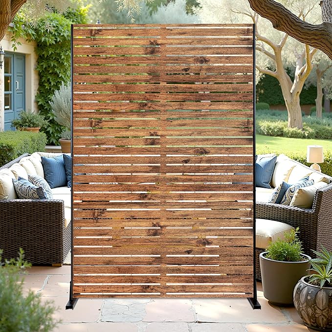 Metal Privacy Screen Outdoor 72" H×47" W Natural Wood Brown Patio Privacy Screen