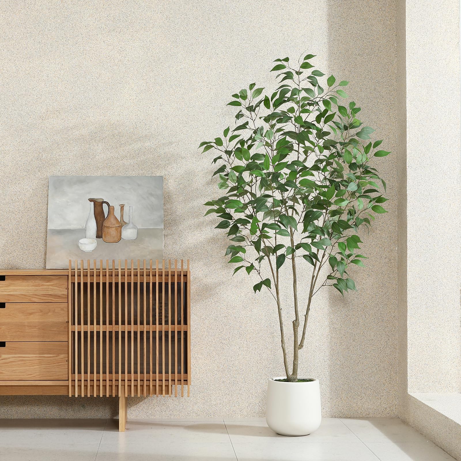 Artificial Ficus Tree,6FT Fake Tree in White Imitation Ceramic Planter with Lifelike Moss