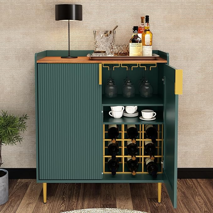 Coffee Bar Cabinet with Wine Racks, Green Liquor Cabinet with Fluted Texture