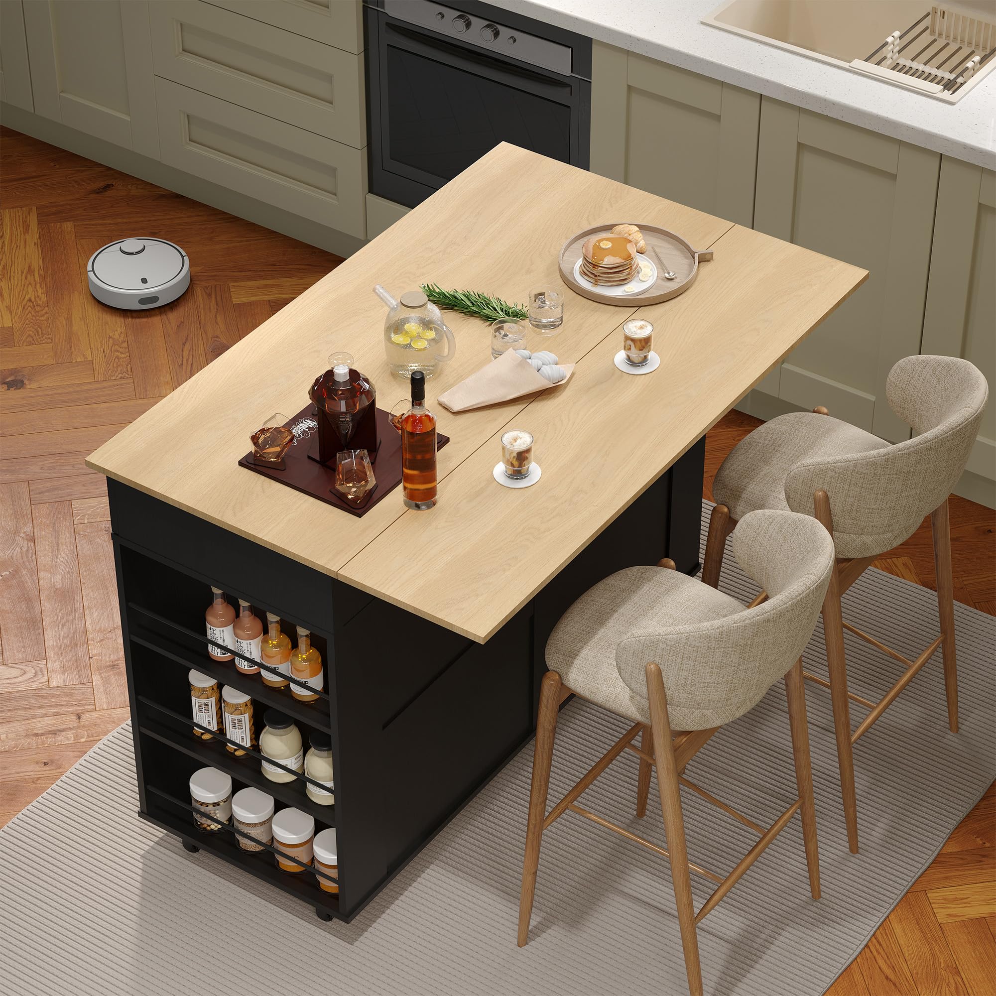 Kitchen Island Cart with 47.2" Wood Top, Island Table for Kitchen with Storage Cabinet & Drop Leaf, Rolling Kitchen Table with Spice Rack, Towel Rack, and Drawer, Portable Islands on Wheels, Black